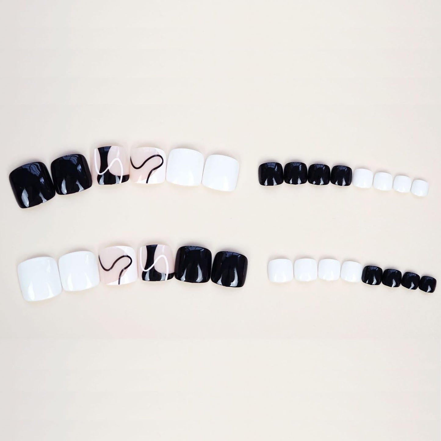 Press on Toenails with Line Designs, Artificial Black White Fake Nails for Toe, Full Cover Glossy Coffin Acrylic False Nails, Glue on Toenails with Charm, Stick on Toe Nails for Women Girls(J191)