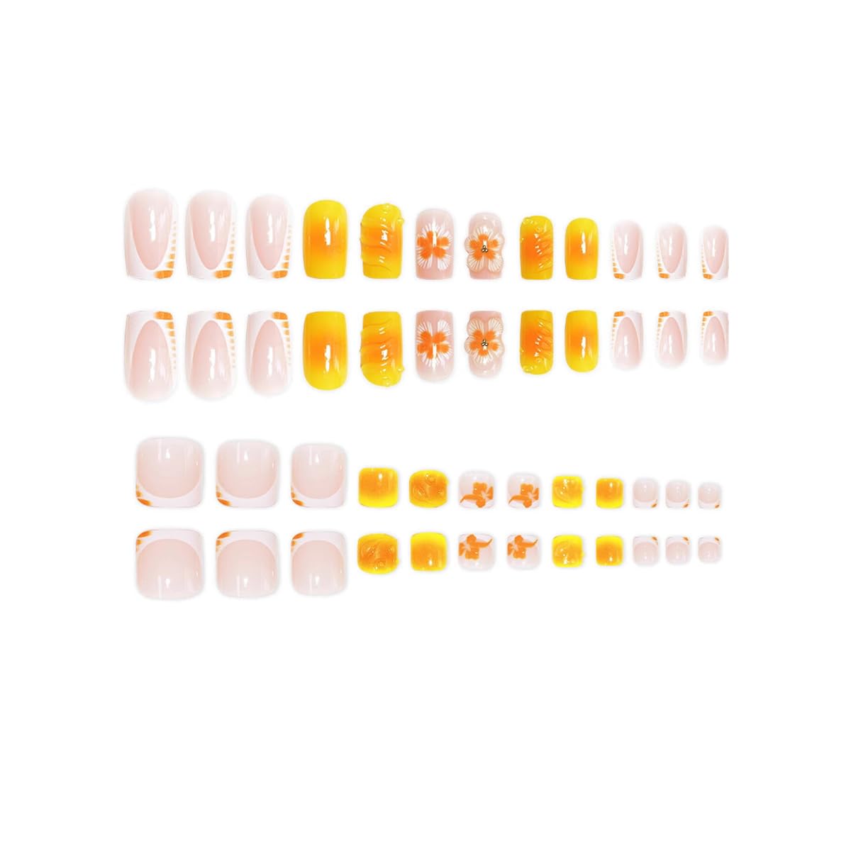 48Pcs Yellow Orange Press on Nails Medium Square Press on Toenails, French Tip Square Fake Nails, Summer Tropical Flower Design False Nails for Women Summer Manicure Kit