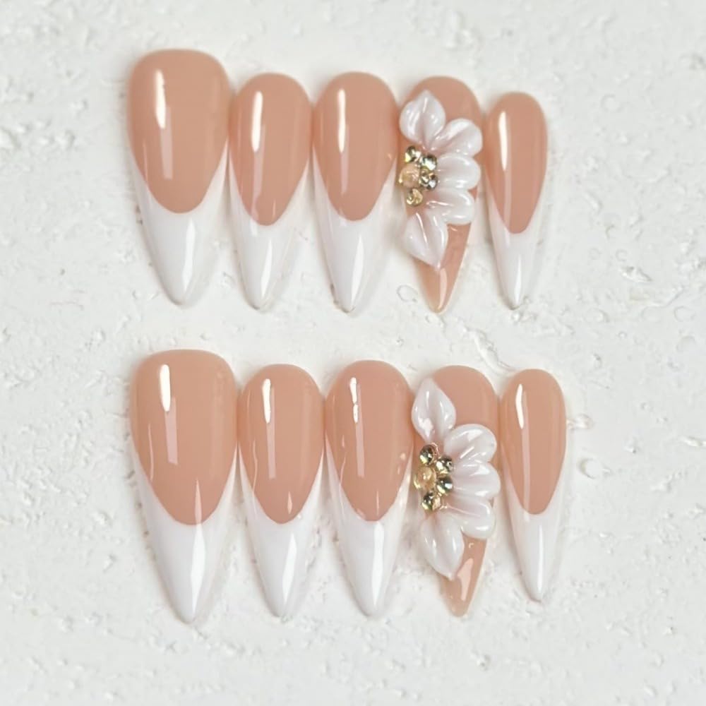Stiletto Almond Press on Nails White French 3D Embossed Flower Fake Nails Medium Handmade Press on Nails Thick Acrylic and Muti-Layer Gel False Nails Stick on Nails DIY Art Decorate for Women (S)