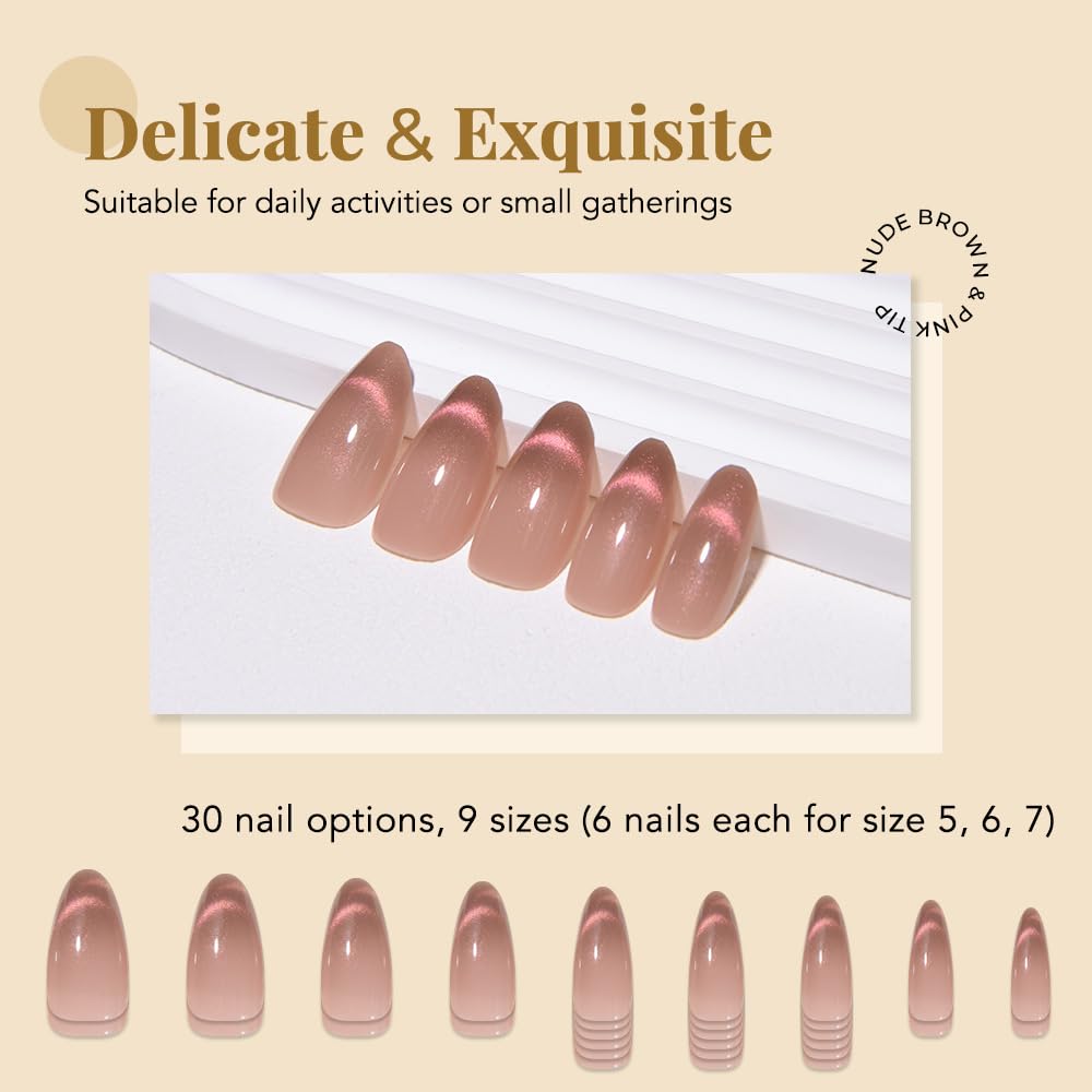 XZMeiLun Cat Eye Nude Smile Press On Nails Medium Almond, Designer Reusable Acrylic Fake Nails with Glue, Glossy Soft Gel Nails Wedding and Party, Stick On Glue On Nails, Nails Press Ons for Women