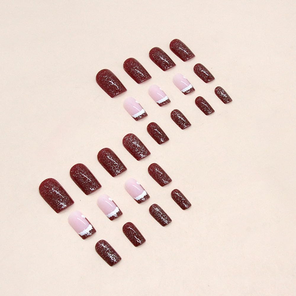 Christmas Hat Press on Nails Short Square Fake Nails Santa Hat Design Red French Glitter False Nails Winter Xmas Full Cover Acrylic Nails Glue on Nail for Women Girls 24Pcs