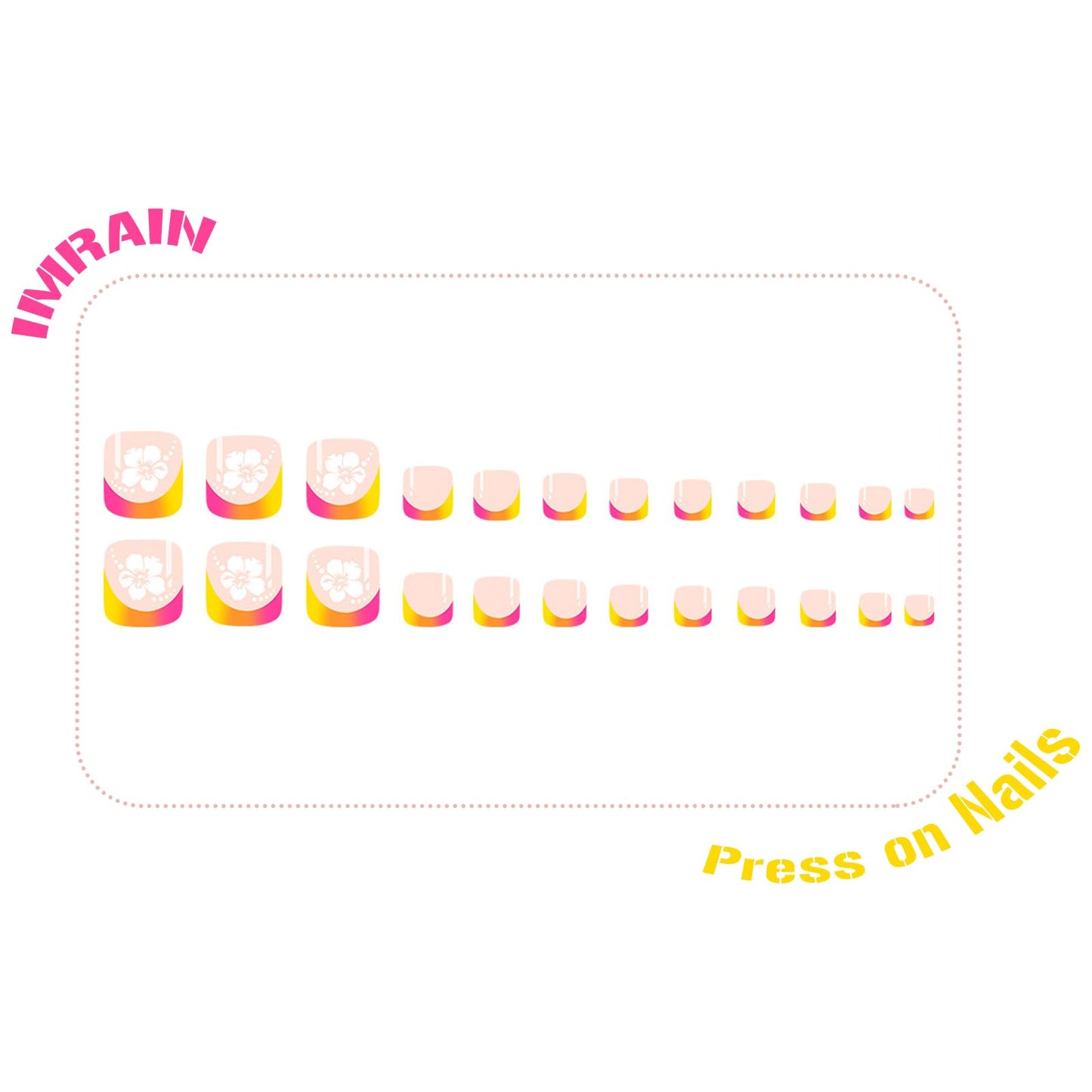 IMRAIN Press on Toe Nails Short Square Fake Toenails Pink Yellow French False Toe Nails with Flower Designs Full Cover Cute Summer Acrylic Nail Supplies 24Pcs