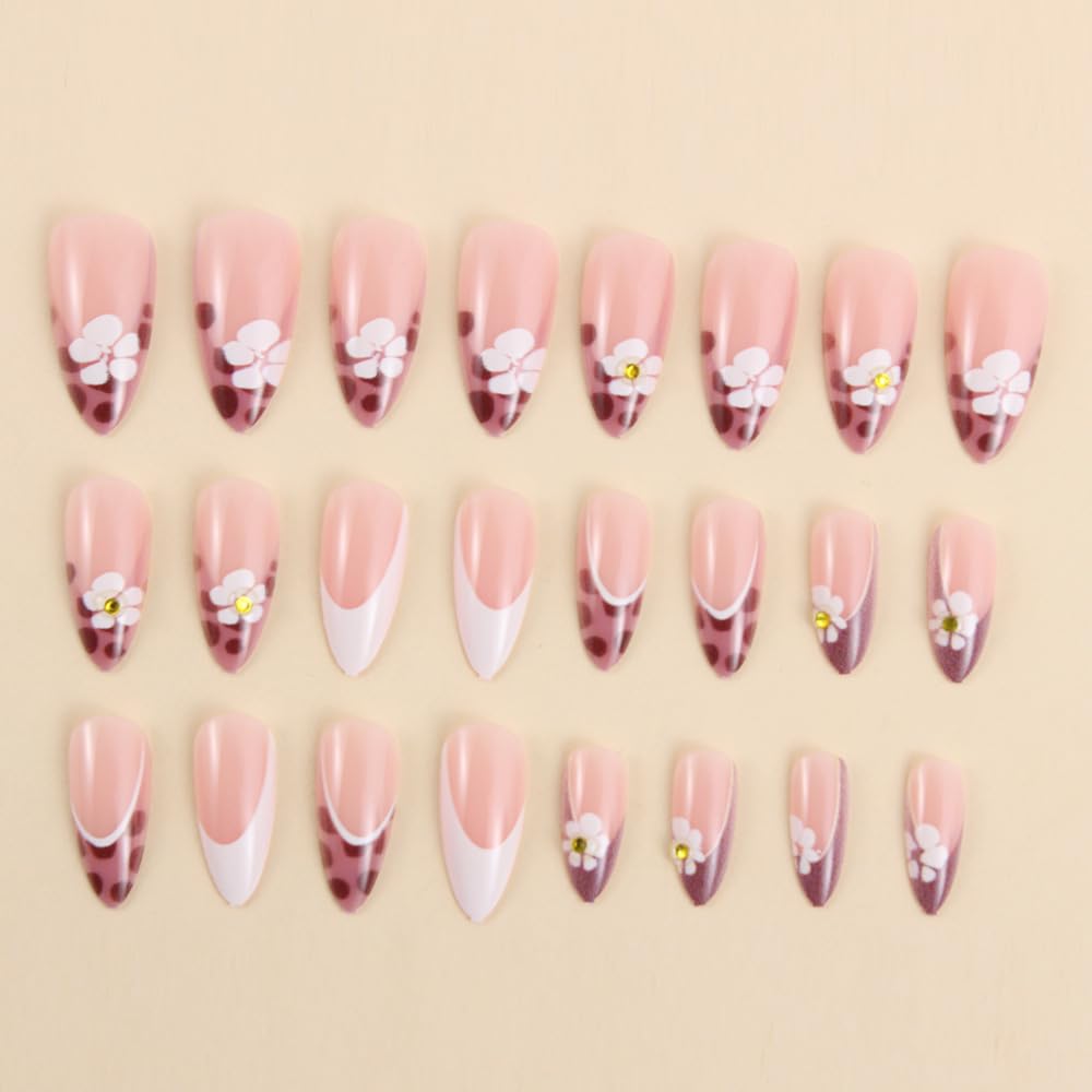 MINGCHUN Pink Press on Nails Medium Almond French Tip Fake Nails Press ons Acrylic Nail Art Kit Full Cover False Nails Glue on Nails with Leopard Flower Glossy Design for Women Nail Supplies 24Pcs