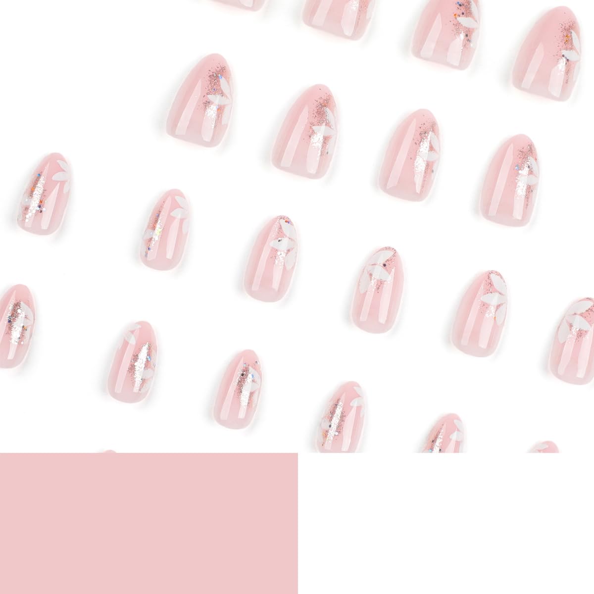 Glitter Pink Press on Nails with Flower Designs, Cute Pink Fake Nails Short Shaped French Tip Nude Acrylic Nails Gloss False Nails Reusable Glue on Nails for Women Girls 24Pcs