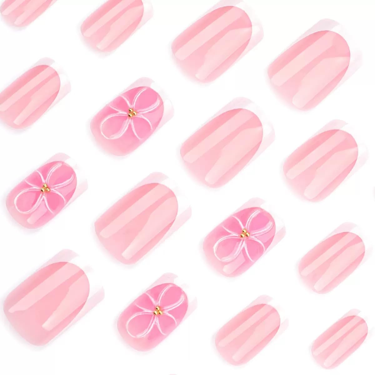 CTTHNBD Square Press on Nails - Short Fake Nails with Flower Design - White French Tip, Spring False Nails for Women - 24 Pcs