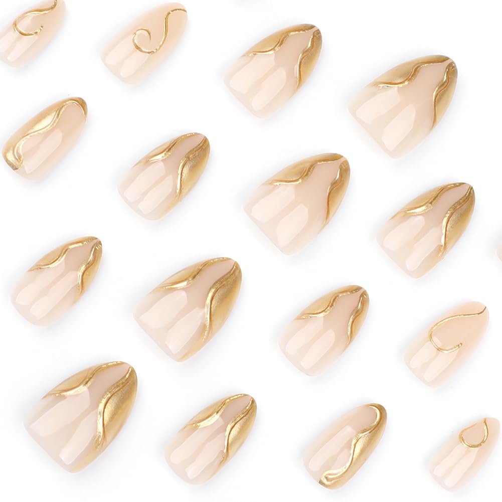 Hrnsnails Nails Press on, Short Almond Press On Nails Nude Fake Nails with Glod French Tip Summer Nails 3D Design, Acrylic Artificial False Nails Press Ons Stick On Nails for Women