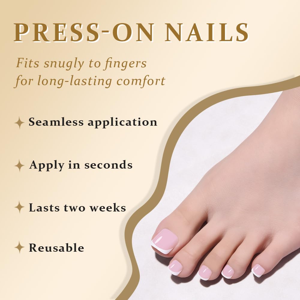 evpct Pink White French Press on Toenails Short Square No Glue, Spring Summer Fake Stick Press on Toe Nails for Women, Soft Stick on Toenail Kit Perfectly Fit Full Cover Reusable Fake Toenails 32Pcs
