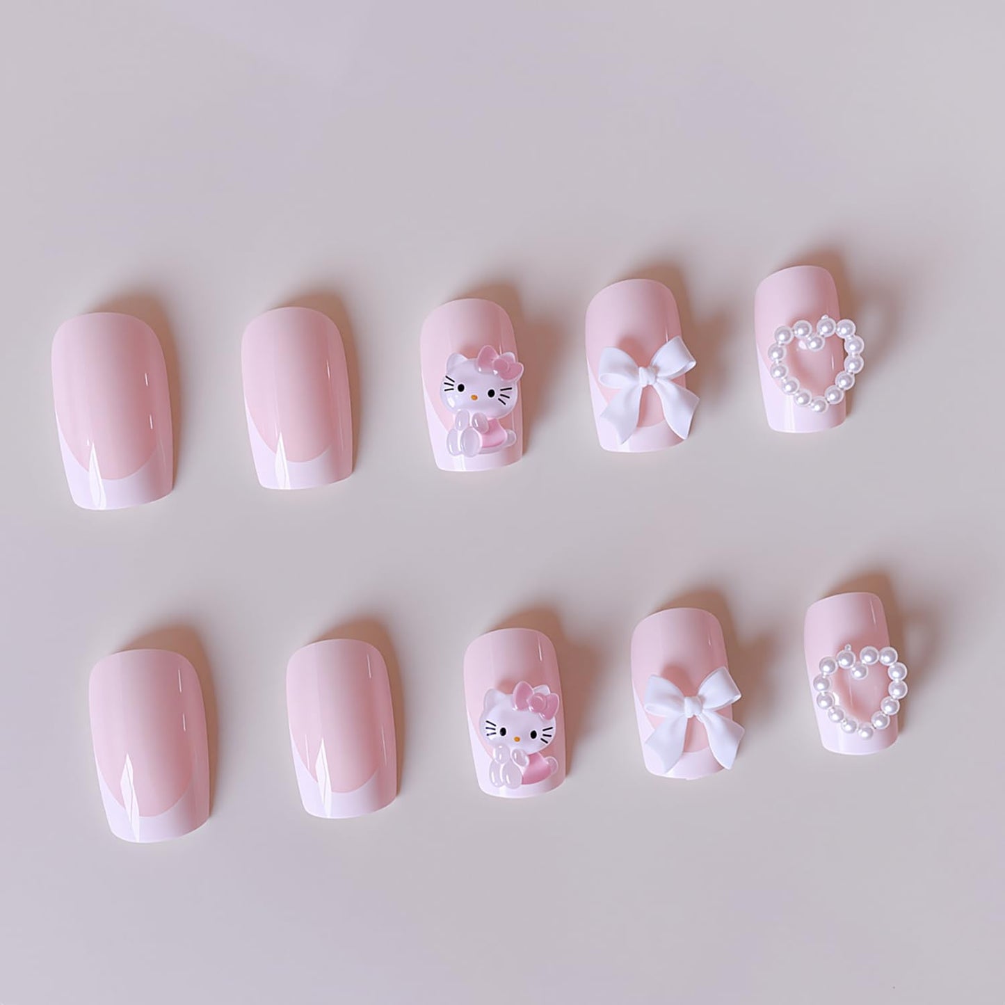 24Pcs White French Tip Press on Nails Short Square Fake Nails with Pearl Heart Designs Reusable Cartoon False Nails 3D Bow Acrylic Nail Cute Full Cover Glue on Nails for Women