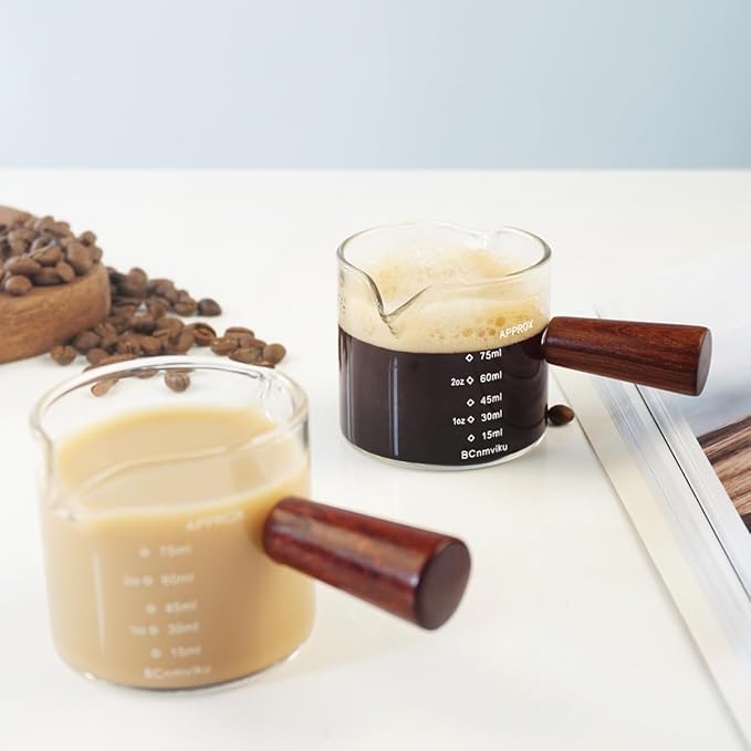 1 Pack Double Spouts Measuring Triple Pitcher Milk Cup with Wood Handle 75ML Espresso Shot Glasses Parts Clear Glass By BCnmviku