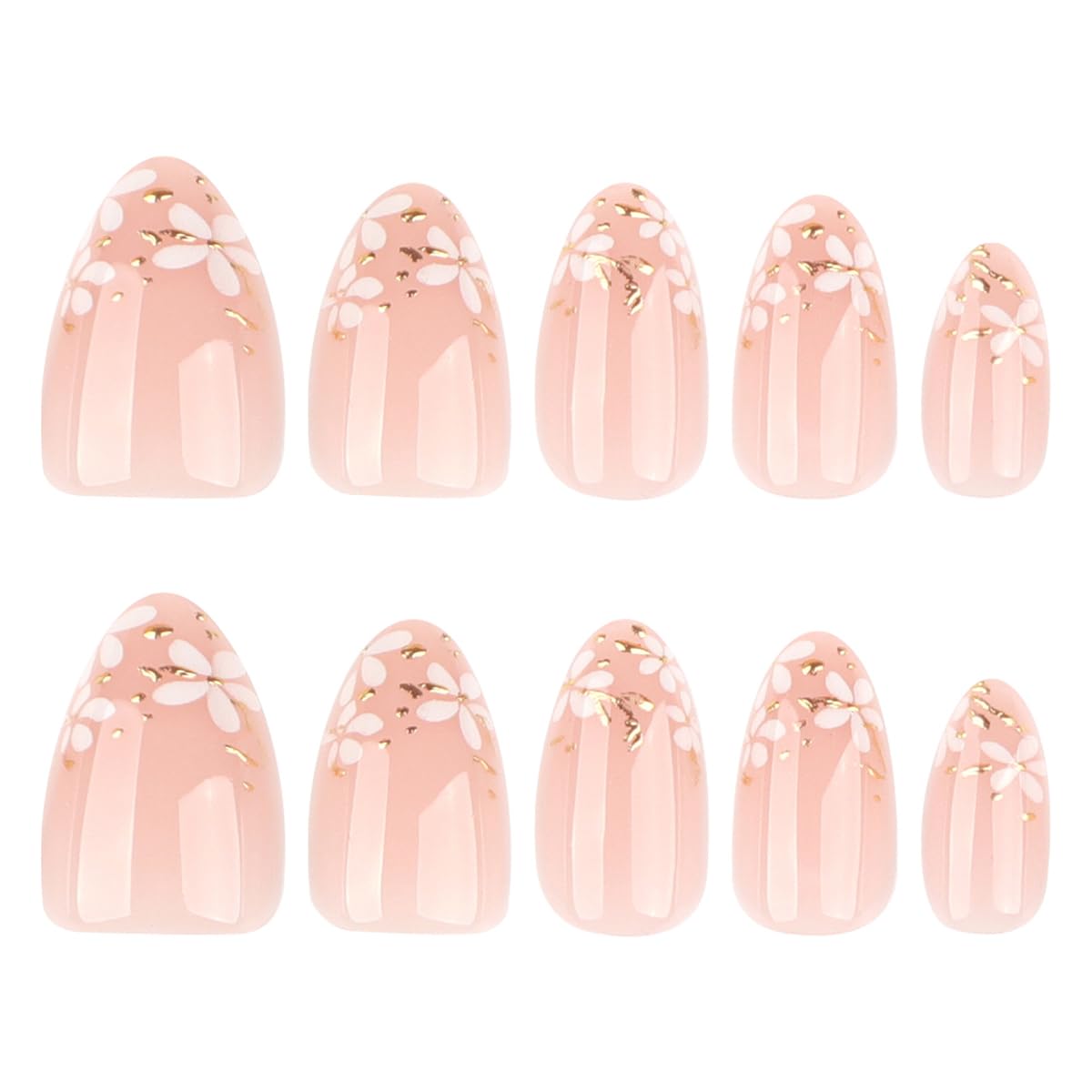 Flower Press on Nails Short Almond Fake Nails Spring Nails Press ons with White Floral and Gold Leaves Design Reusable Artificial Nail Full Cover Stick on Nails for Women Manicure 24Pcs