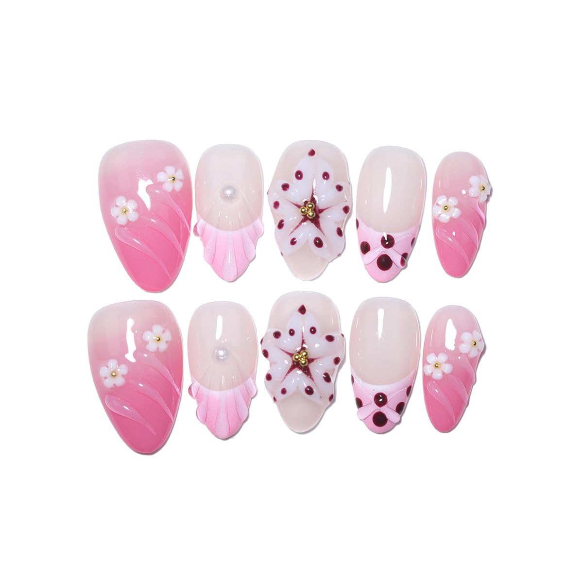 10Pcs Short Almond Handmade Press On Nails | Pink Ombre with Seashell, 3D Floral & Pearl Decor | Reusable Salon-Quality Fake Nails for Women and Girls (PZ01, S)