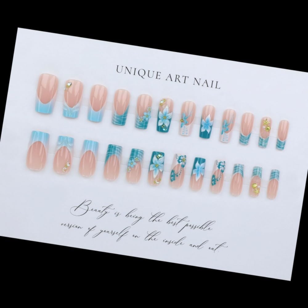 French Tips Press on Nails Medium Square Fake Nails with 5D Flower Charm Design Glossy Green Nails Press on Spring Summer Star Shell False Nail Reusable Ocean Glue on Nail for Women Manicure 24Pcs