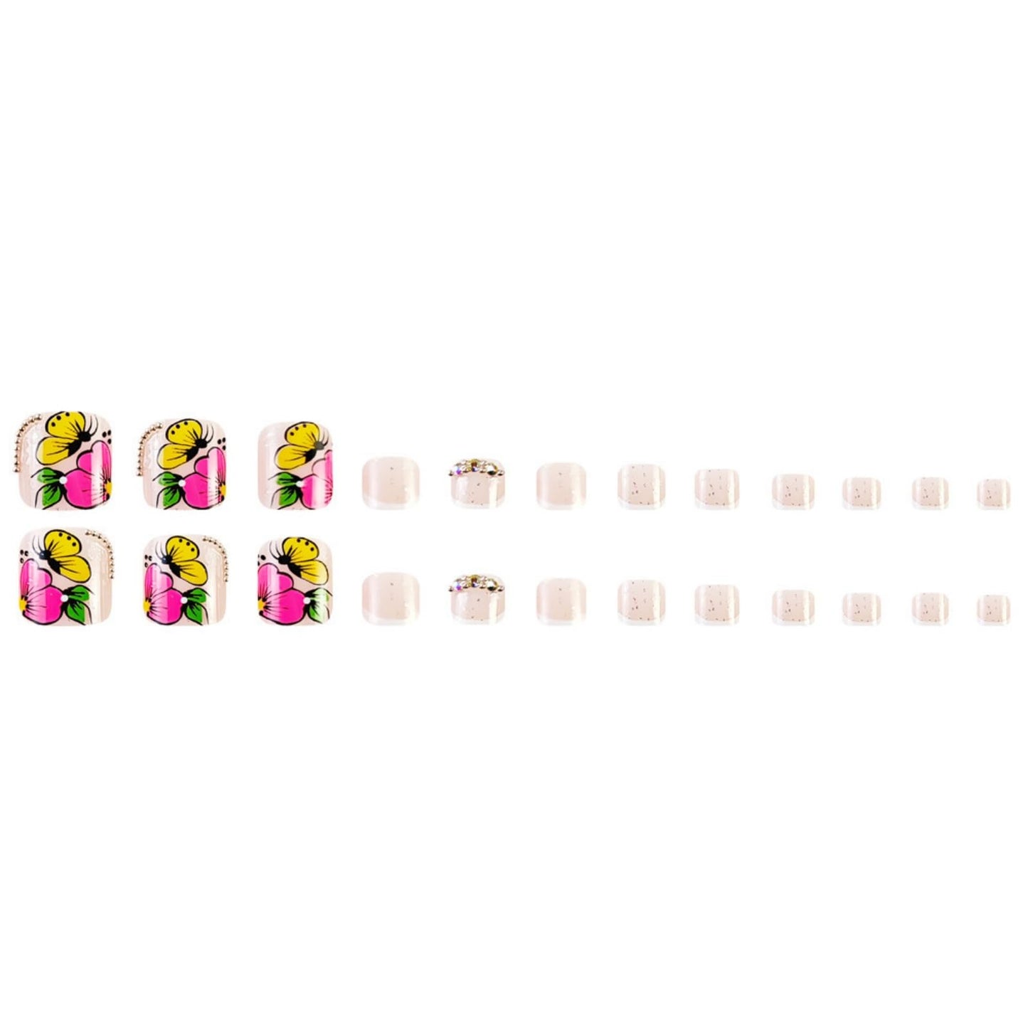 Flower Press on Toenails Short Square Fake Toenails White French False Toe Nail Full Cover Acrylic Glue on Toenails Rhinestones Butterfly Stick on Toe Nails for Women Manicure 24 Pcs