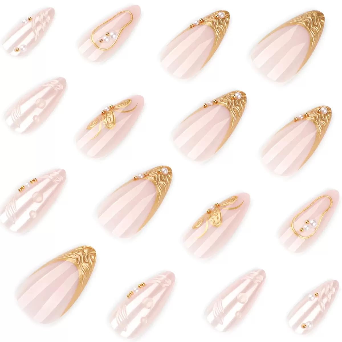 CTTHNBD Press on Almond Nails - Medium Fake Nails with Flower Design - Gold French Tip False Nails Press ons - for Women 24 Pcs