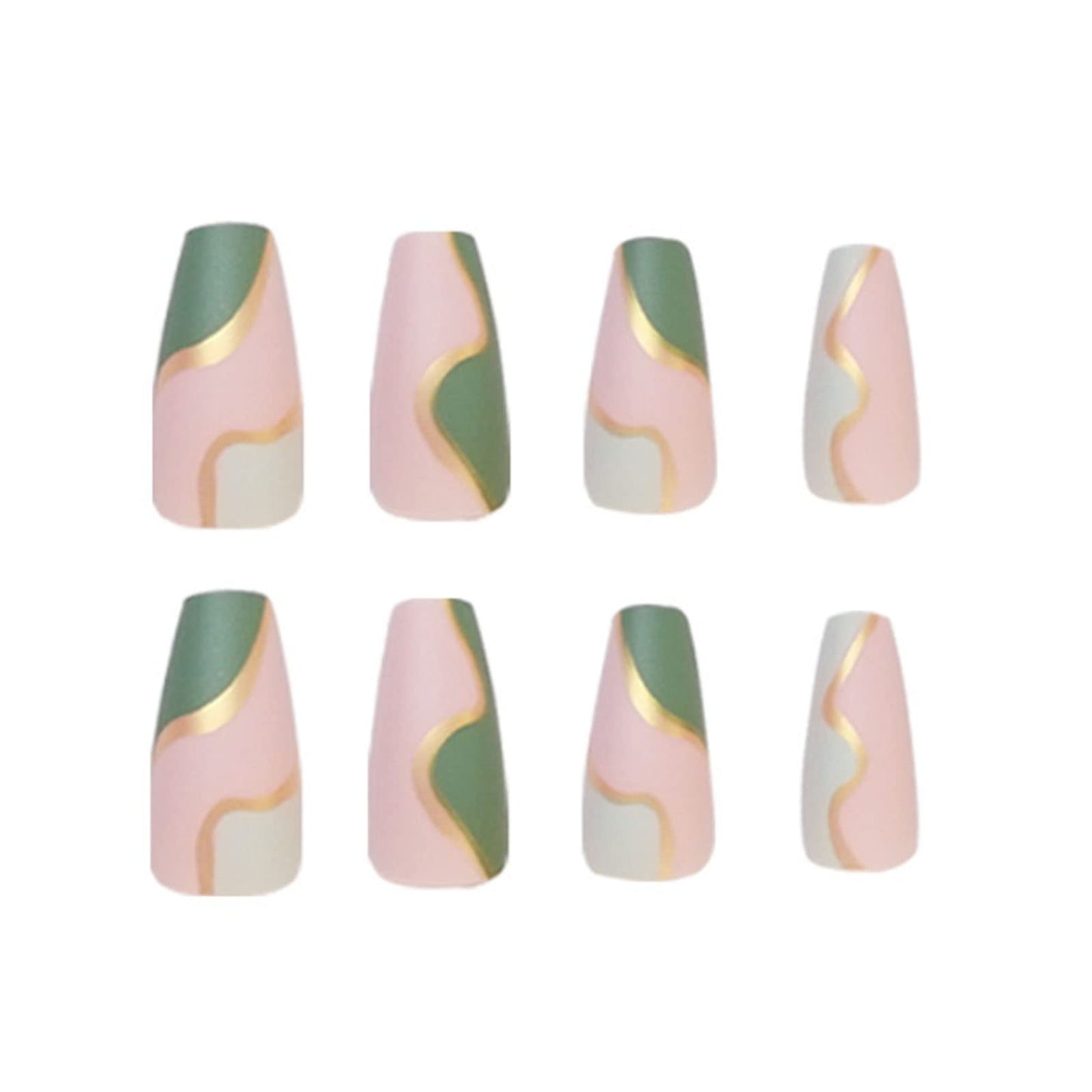 Hkanlre Coffin Press on Nails Gold Line Medium Fake Nails Acrylic Geometry False Nails Full Cover Nails for Women and Girls 24PCS