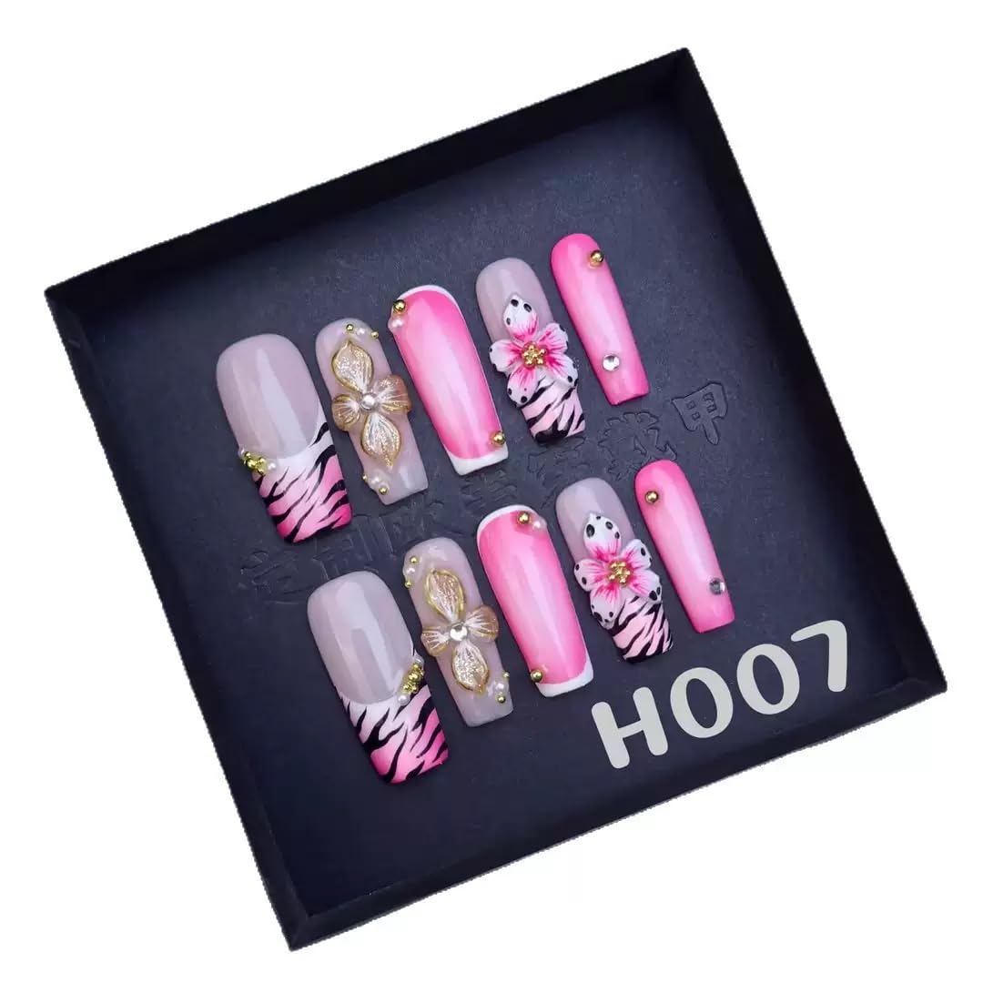 100% 5D Handmade Press on Nails Pink Flower Long Square Fake Nails Press ons Leopard French Tips False Nails Rhinestone Embossed Floral Press on Nails for Women Girls Daily Wear DIY Manicure Size M