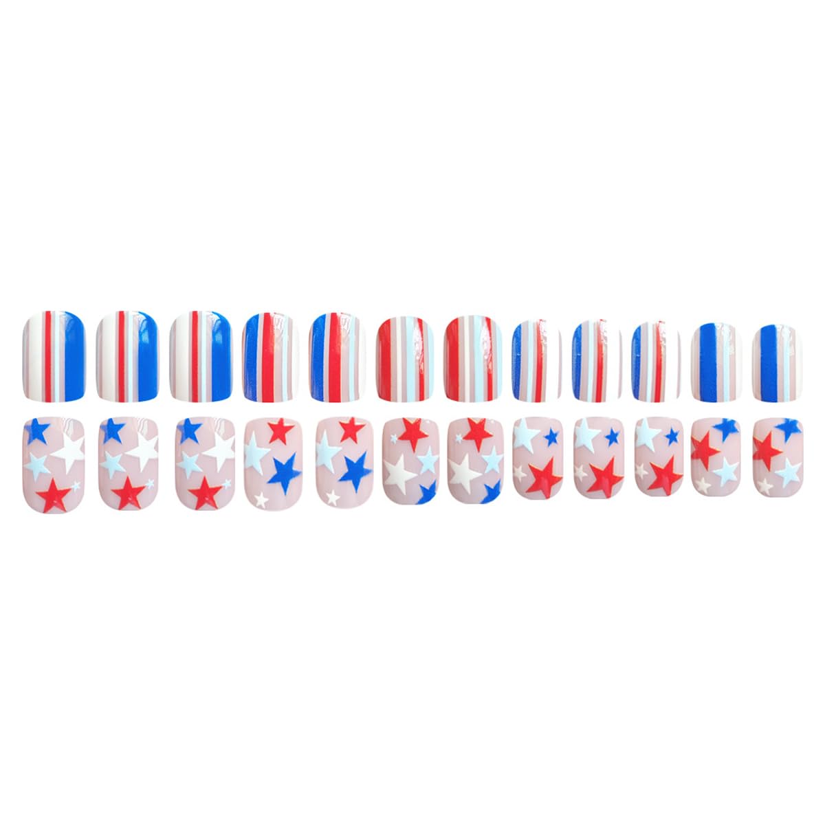 4th of July Press on Nails Short Square Fake Nails Patriotic Nails Press ons with Red Blue Stars & Stripes Design,Reusable Artificial Nails,24Pcs Nail Kit for Women Independence Day Manicure