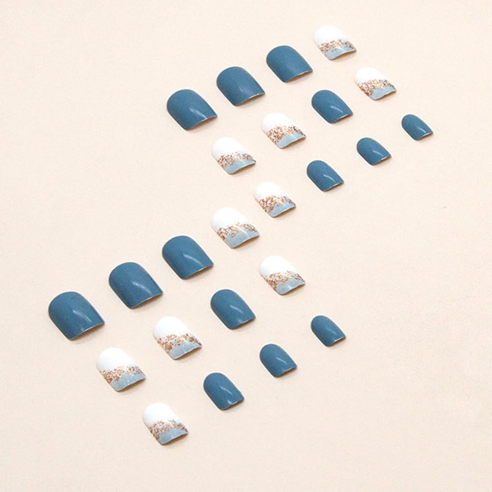 Press On Nails - Short, Glossy Blue False Nails with Glitter Designs, 24Pcs
