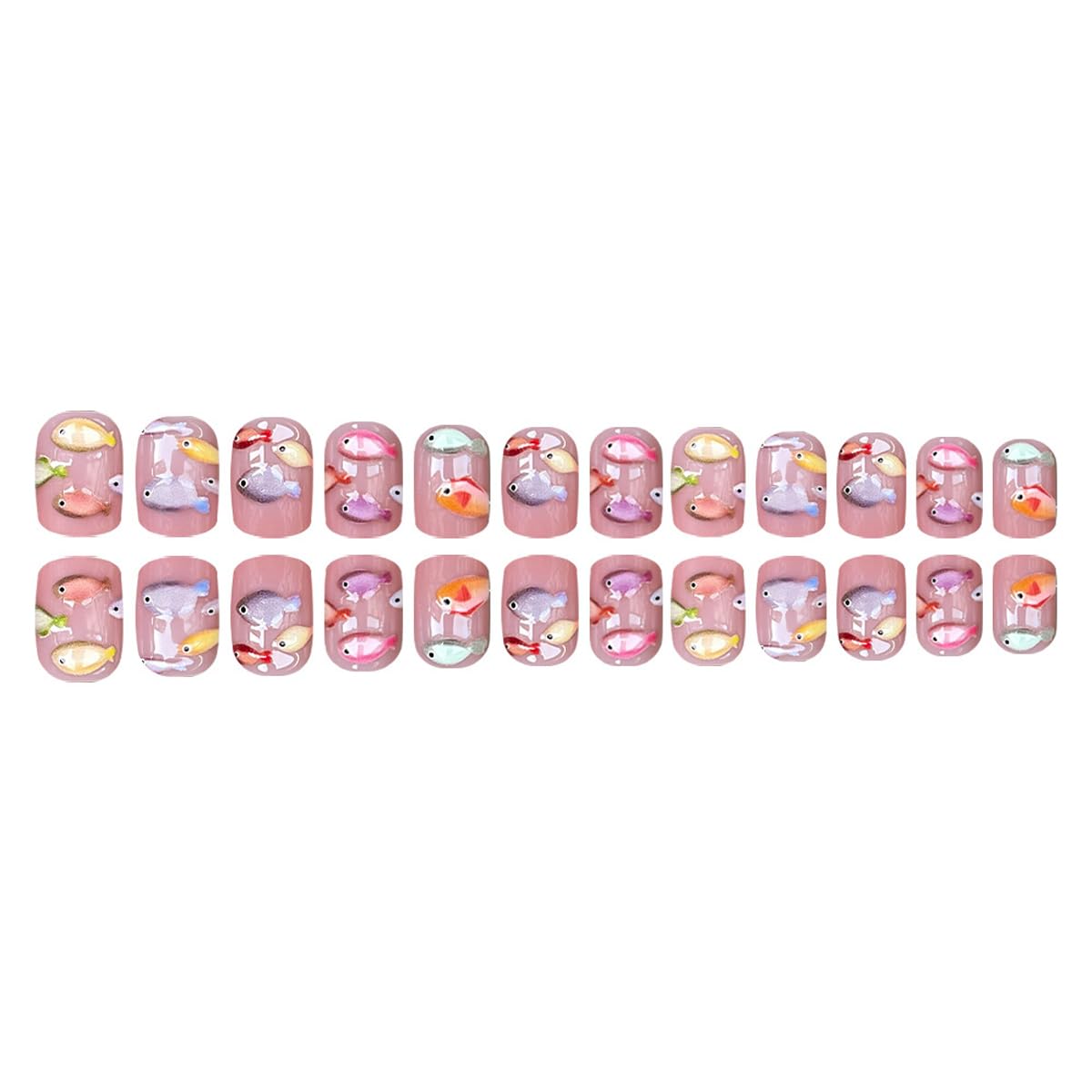 Summer Press on Nails - Short Square, Fish Design, Full Cover Glue on Nails for Women Manicure 24 Pcs