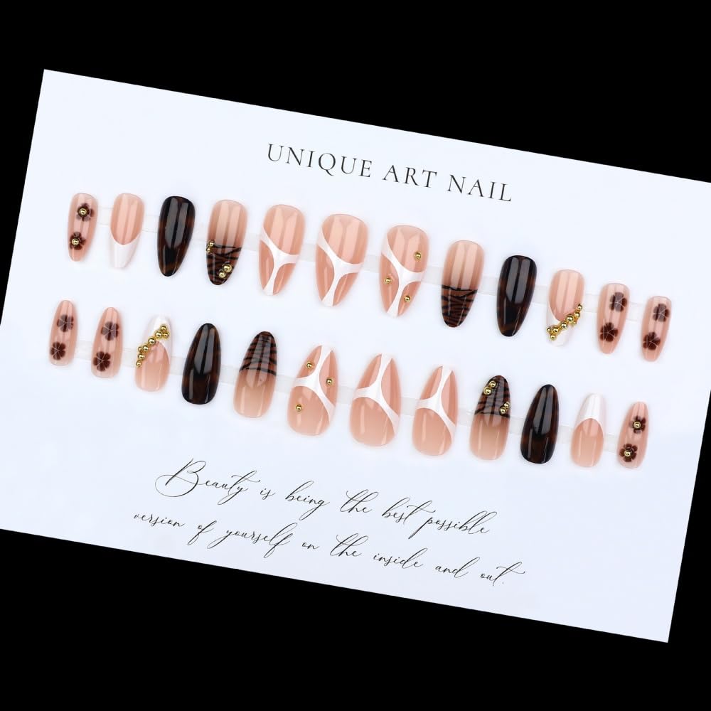 French Tips Press on Nails Medium Almond Nails Press on with 5D Rhinestones Flower Charm Design Glossy Brown Leopard Glue on Nails Tortoise Shell Fake Nail Fall Winter Nail for Women Manicure 24Pcs