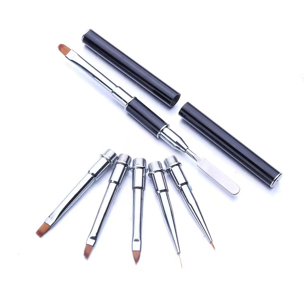 7-in-1 Nail Art Brush Set - Dual-Ended Stainless Steel Nail Tool with Spatula & Replaceable Brush Heads, Professional Acrylic & Gel Nail Brushes for Carving, Liner, Detail & Salon Manicure