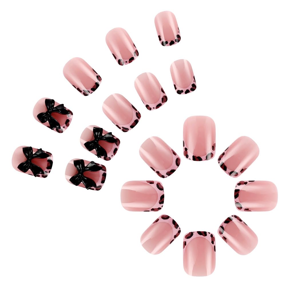Leopard Press on Nails Short Square Fake Nails French Nails Press ons with Black Bow Nail Charms Design,Reusable & Easy Apply Full Cover Stick on Nail for Women Manicure 24Pcs