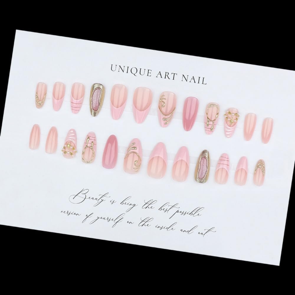 Almond Press on Nails Medium Glue on Nail with 5D Gold Lines Design Pink Glitter Acrylic Nails Glossy Pink French Tips Fake Nails Spring Summer Star Pearl Nail Press on for Women Manicure 24Pcs