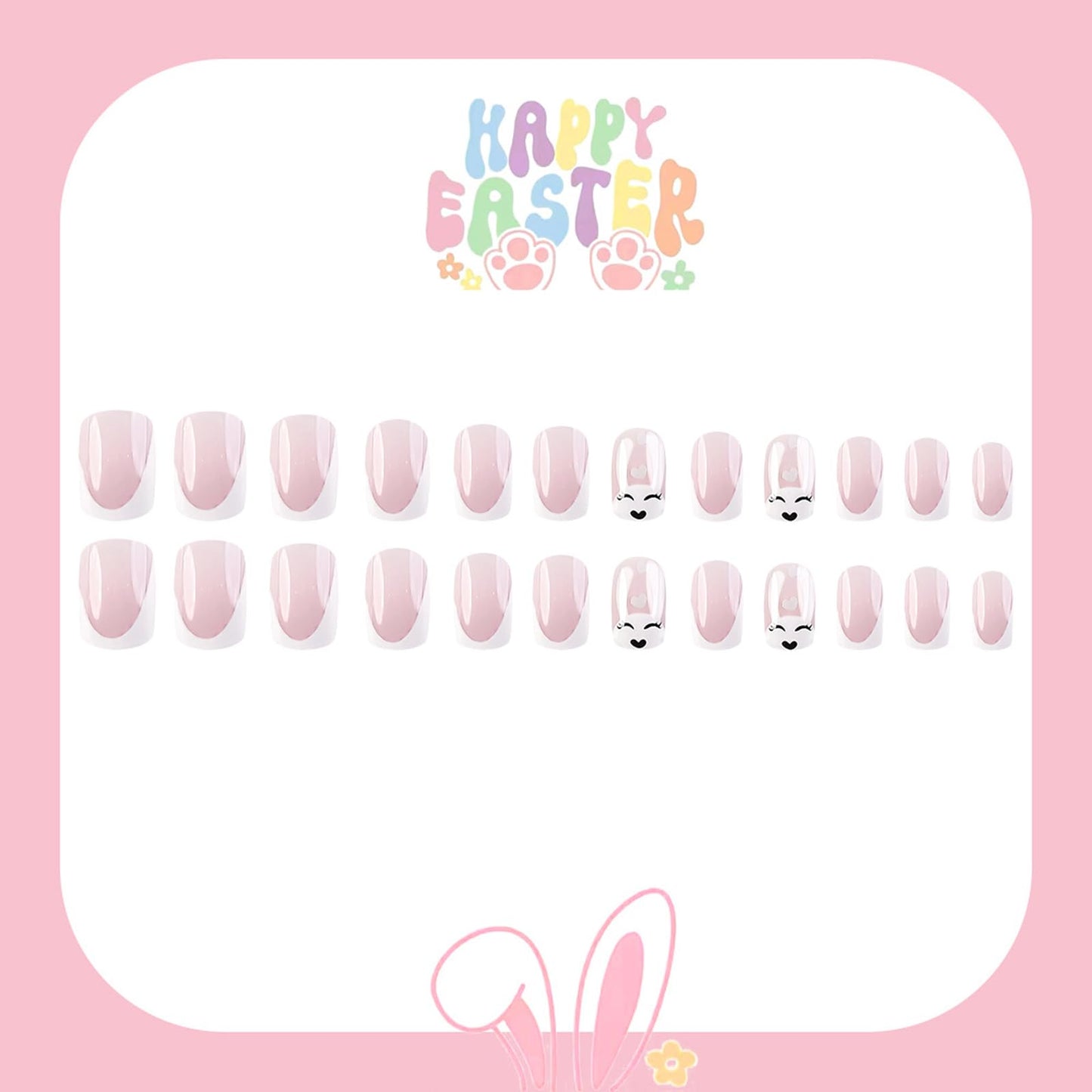 Easter White French Press on Nails Short Square fake Nails Cute White Rabbit False Nails with French Design Stick on Nails for Women Girls Manicure Decoration 24 pcs