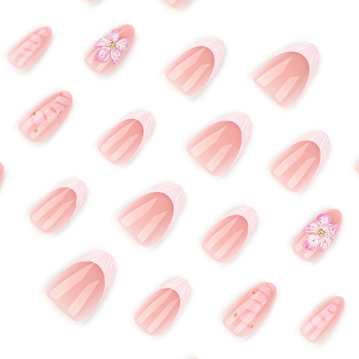 24Pcs French Tip Press on Nails Short Almond 3D Cherry Blossom Fake Nails Nude Pink False Nails with Gold Rhinestones Design Reusable Acrylic Glue on Nails for Women Wedding Party Daily DIY Manicure