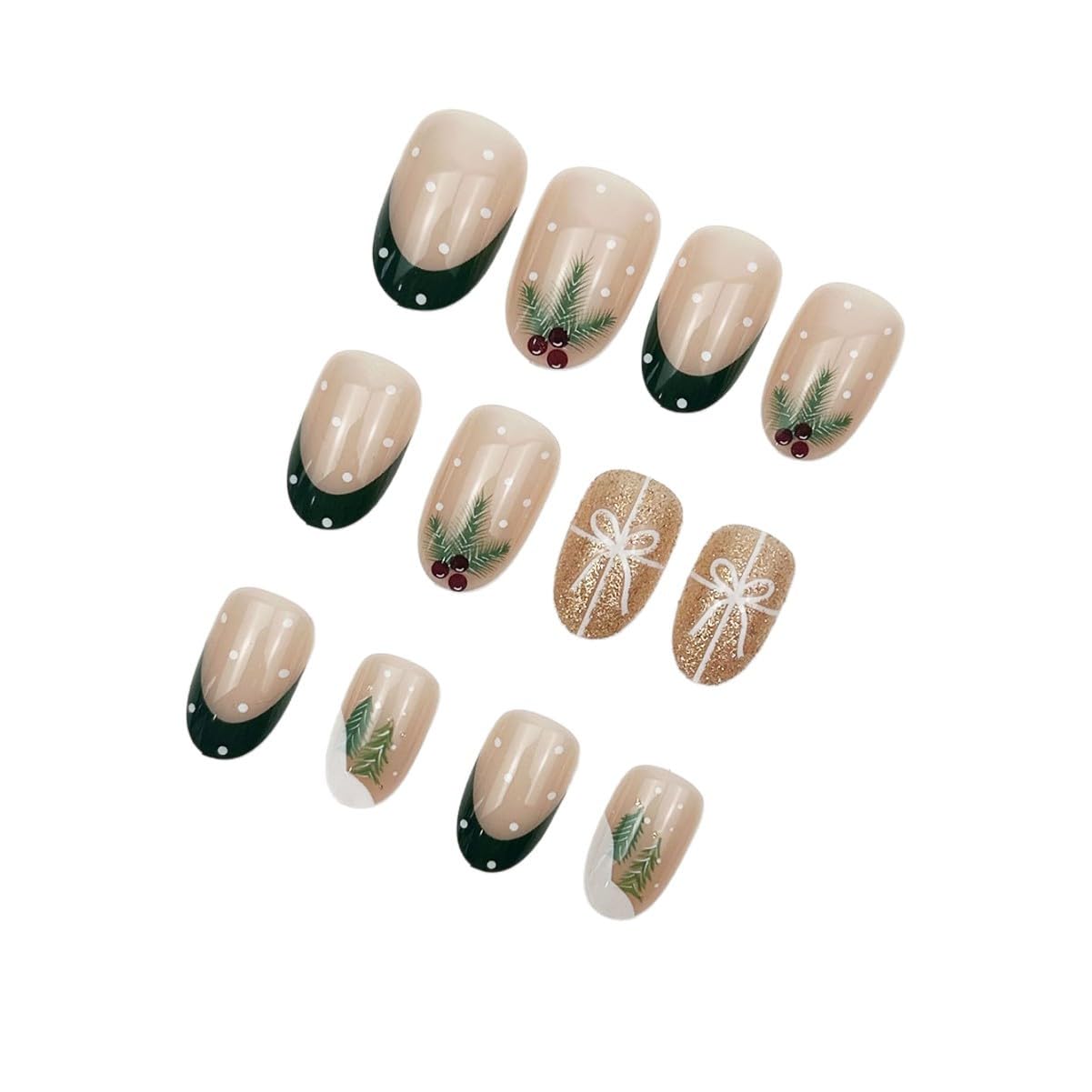 Medium Press on Nails Christmas Green French Tip Fake Nails Gold Glitter Almond Fake Nails with Polka Dot Designs Winter Xmas False Nails Full Cover Glue on Nails for Women Manicure Kit 24Pcs