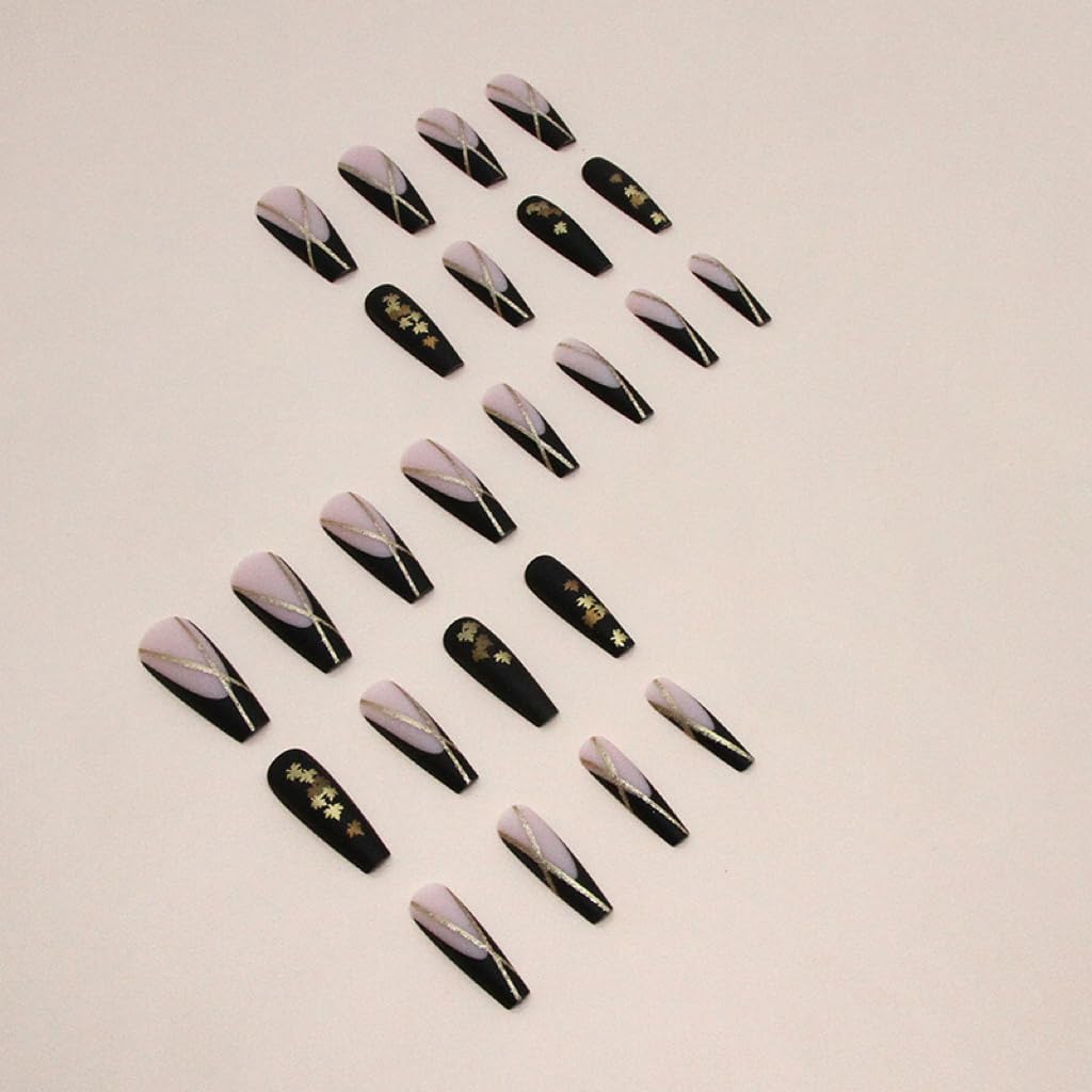 CTTHNBD Fall Press on Nails - Long Coffin Fake Nails with Maple Leaf Design - Black French Tip False Nails Press ons - for Women 24 Pcs