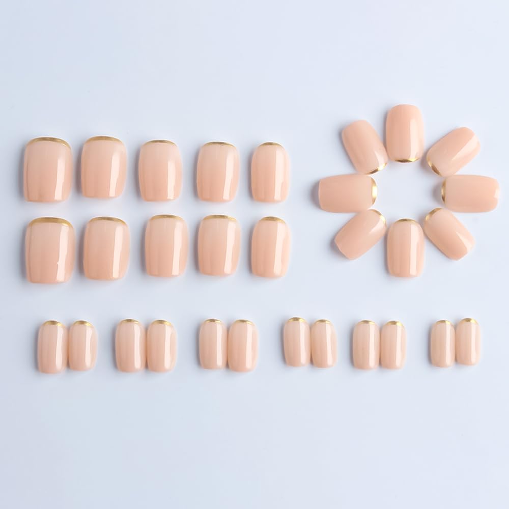 Taoyisent Nude Pink Press On Nails Short Square Glossy, Minimalist Gold French Tip Fake Nails, Reusable Full Cover Stick On Nails for Women Office Wedding Daily Wear, 30PCS