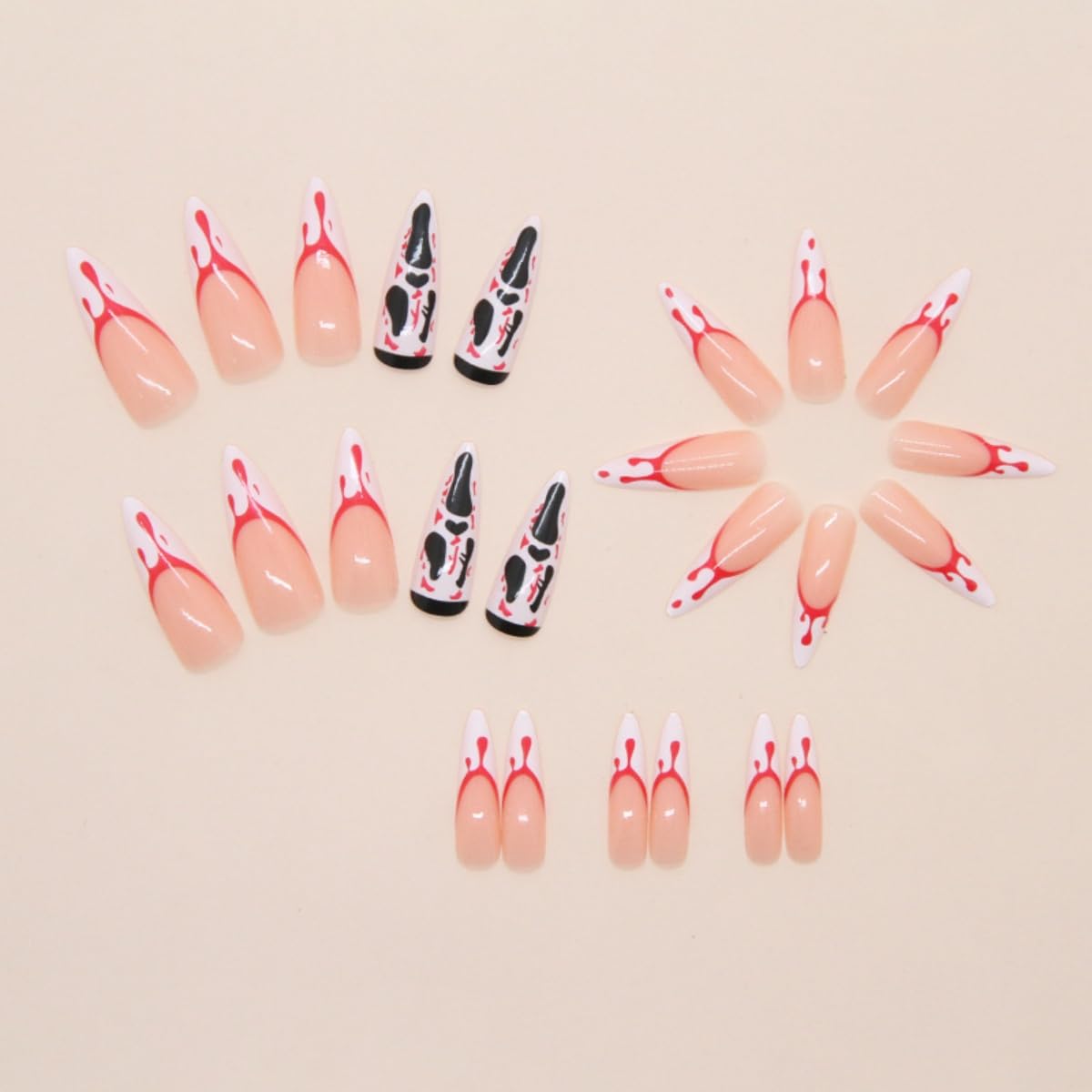 24Pcs Halloween Press on Nails Long Stiletto Fake Nails Horror Ghost Blood Design Stick on Nails White French Tip False Nails Handmade Full Cover Acrylic Glue on Nail for Women Nail Art Decoration