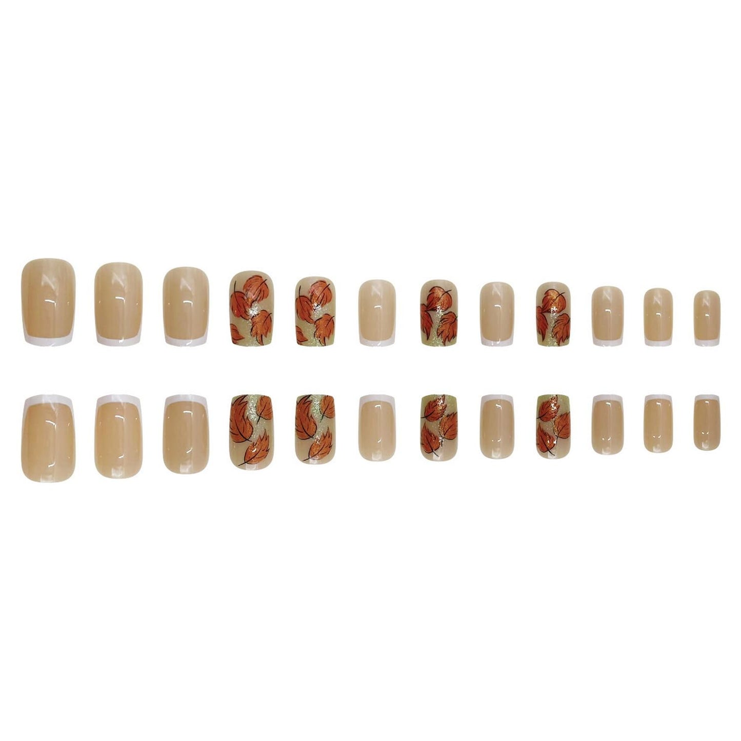 Fall Press on Nail White French Tip Fake Nails with Maple Leave designs Autumn False Nails Full Cover Glitter Acrylic Stick on Nail Simple Thanksgiving Glue on Nails for Women Girls Manicure Decor