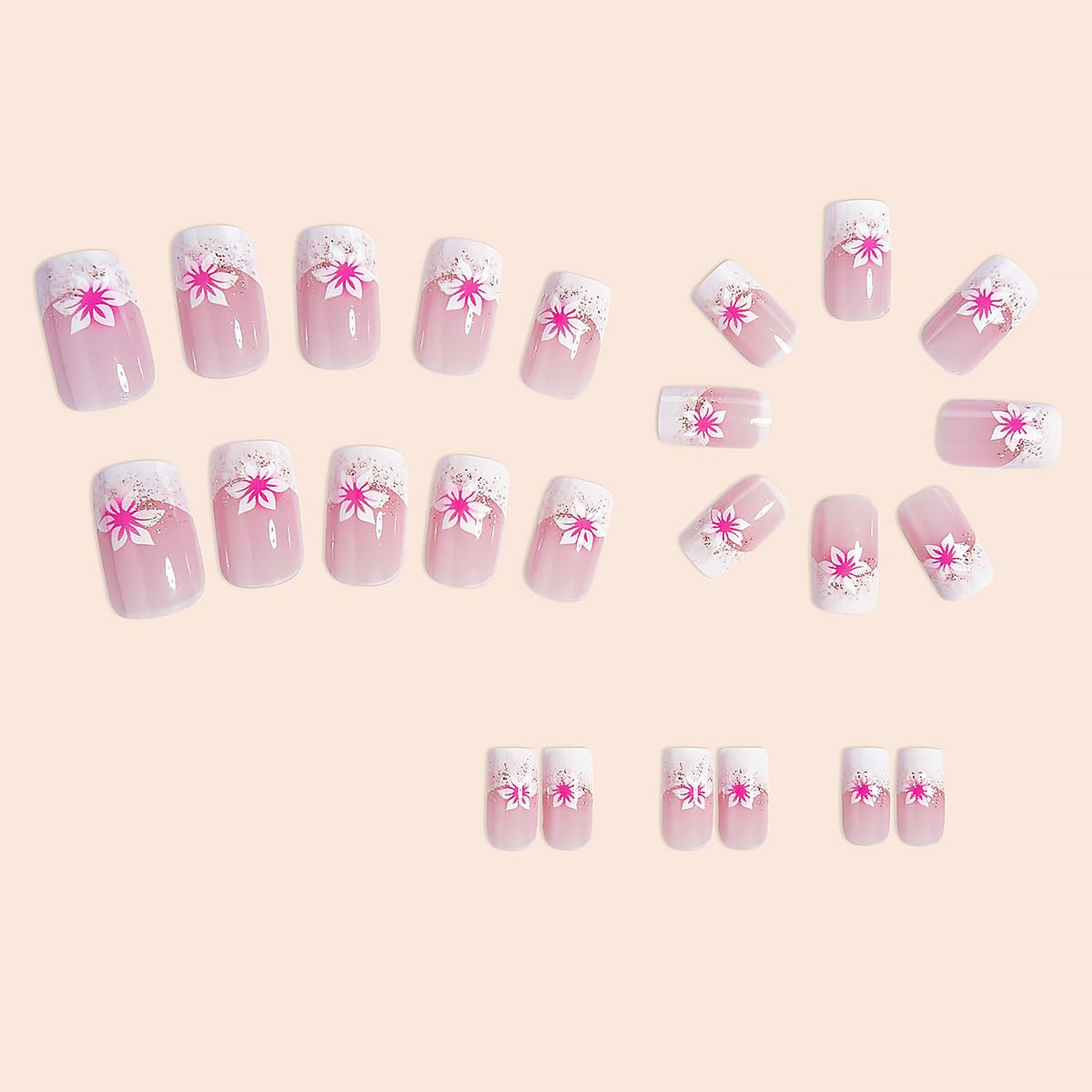 24Pcs French Tip Press on Nails Short Square Fake Nails Pink with Flower Full Cover Tip Glue on Nails Design Artificial Nude Pink False Nails Supplies Stick on Nail Acrylic for Women Nail Art