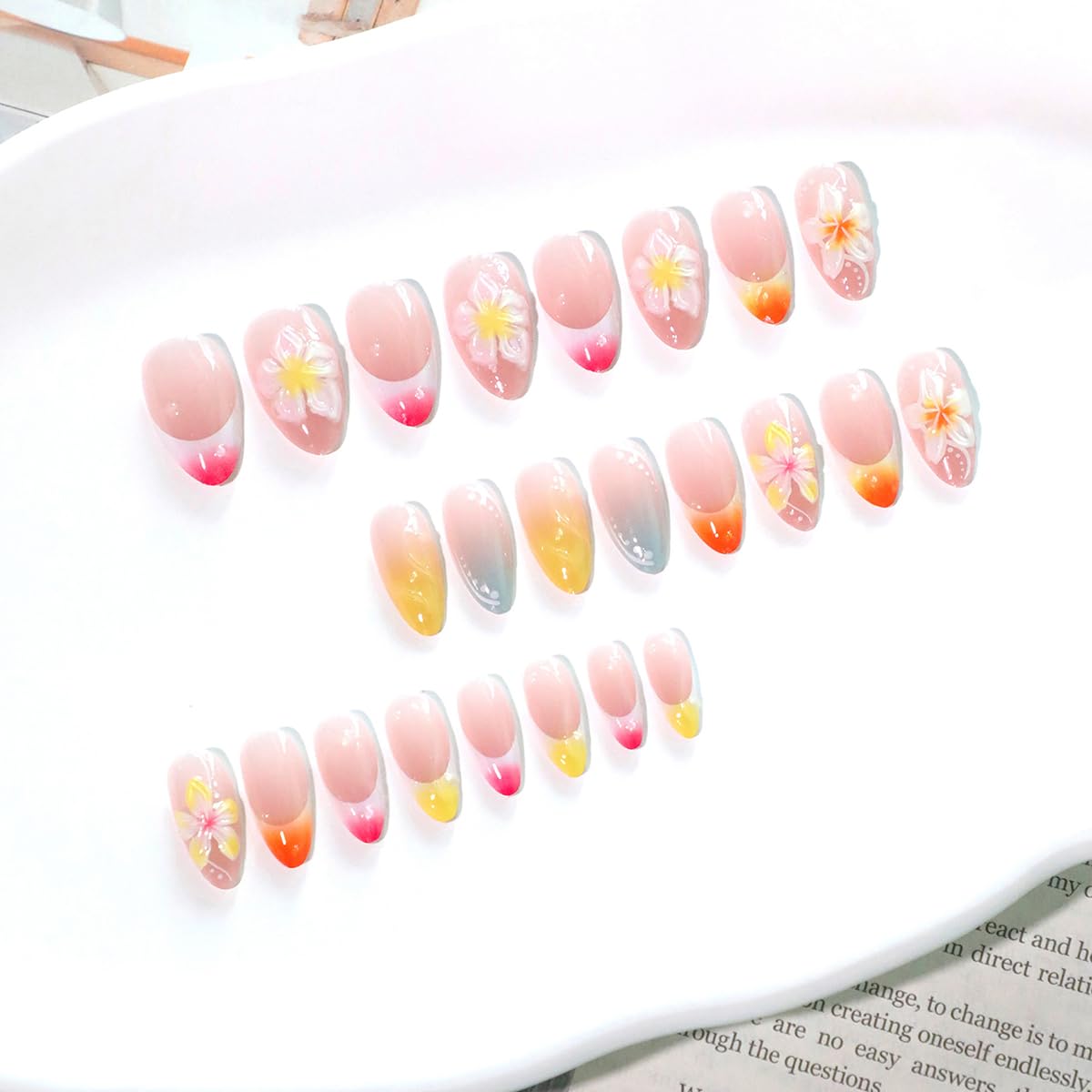 PODUOJIEYI 24Pcs Colorful French Tip Press on Nails Medium Almond ABS Acrylic False Nails with 3D Flower Designs Nude Pink Glossy Full Cover Stick on Nails for Women Girls Daily Wear