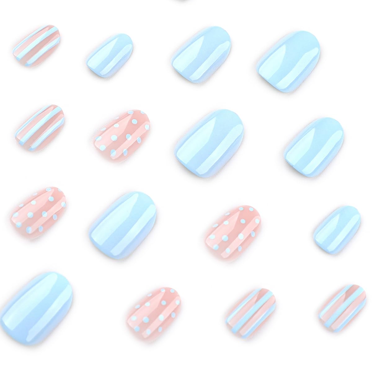 QUNQINLI Blue Press on Nails Short Oval Fake Nails Press ons Nail Art Tips Kit with Polka Dot Stripes Design Nude False Nails Full Cover Glossy Glue on Nails Stick on Nail for Women Manicure 24 Pcs