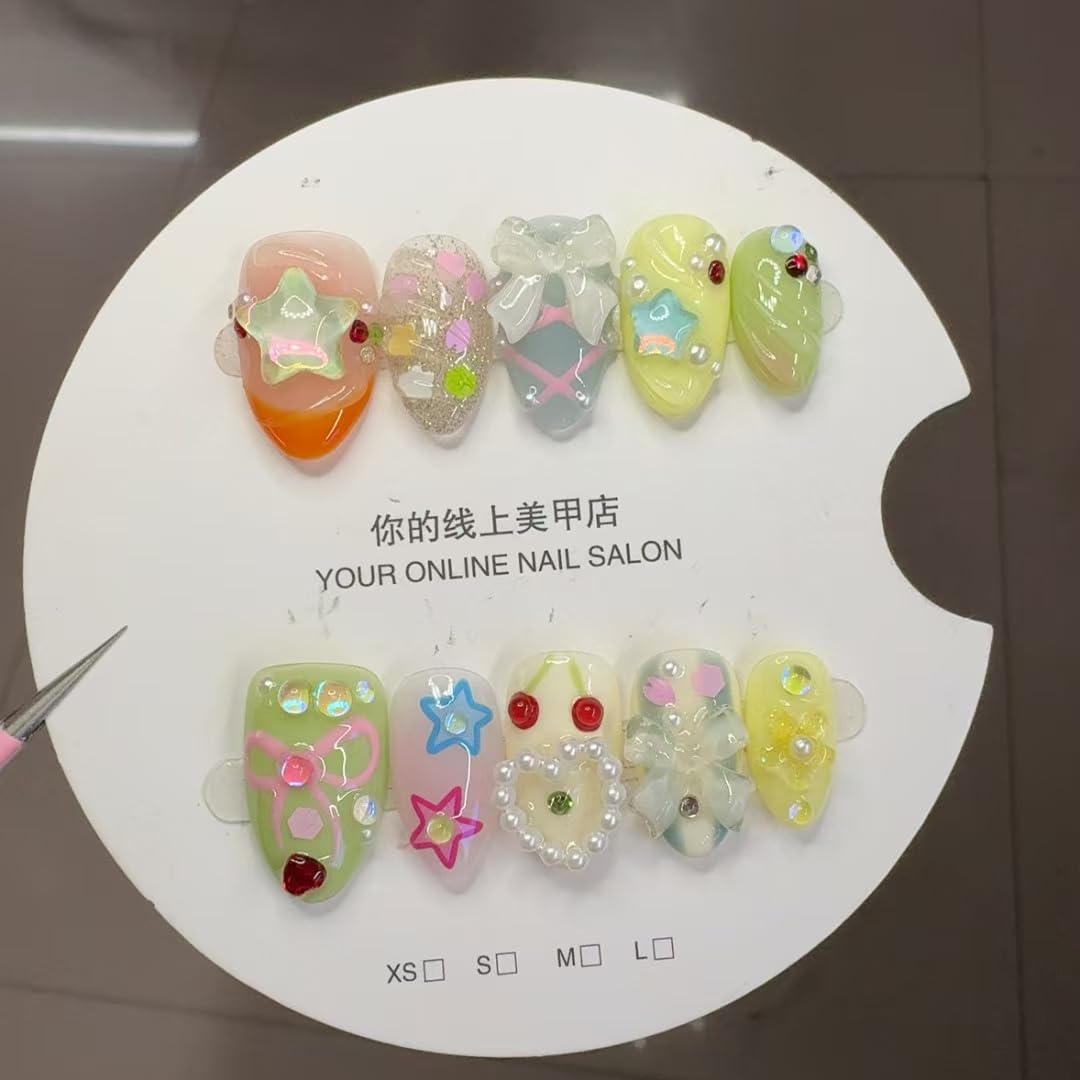 Short Press on Nails Almond Handmade False Nails 3D Stars Bow Pearl Designs Summer Flower Cherry Thick Acrylic Nails Full Cover Fake Nail Set Cute Glue on Nails for Women (Size M)