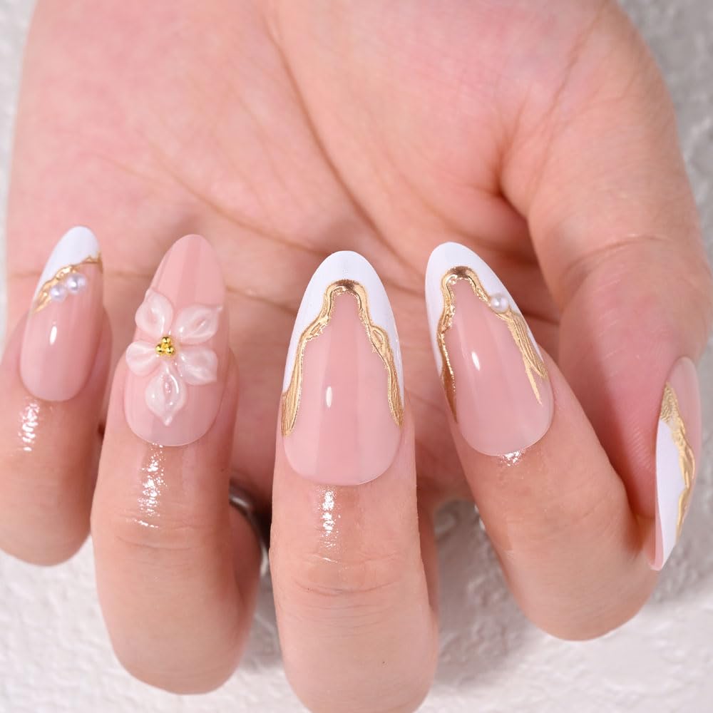 evpct Nude Pink French Press on Nails Short Almond No Glue, 3D Gold LineWhite French Tip Stick on Nails for Women, Reusable Full Cover Soft Press on Fake Nail Perfectly Fit with 3D Flower Design