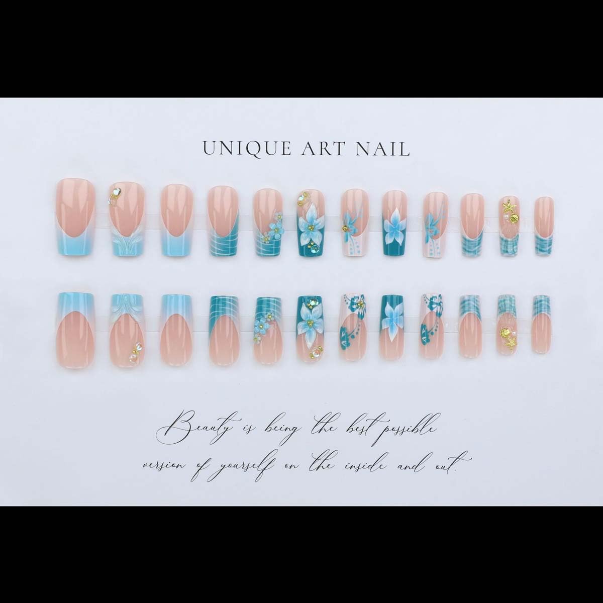 LINMEIZAI 24Pcs French Press on Nails Medium Square Blue Flower Fake Nails Press ons Nail Tips, Stick on Nails Acrylic Nails Kit False Nails with Gold Beads Design Nail Art for Women Cheerful Manicure