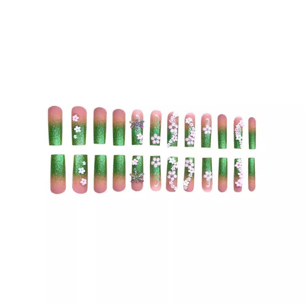 48Pcs Flower Press on Nails Rhinestone French Tips Press on Toenails Long Square Fake Nails with Green Glitter Design White Pink Floral Fake Toes Glossy Summer False Nails for Women Girls DIY Manicure