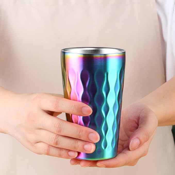 10oz Stainless Steel Cup Set, 2Pcs Double Wall Metal Cup，Vacuum Stackable Insulated Portable Drinking Tumblers Unbreakable Glasses，for Home Outdoor Restaurant(Rainbow Color)