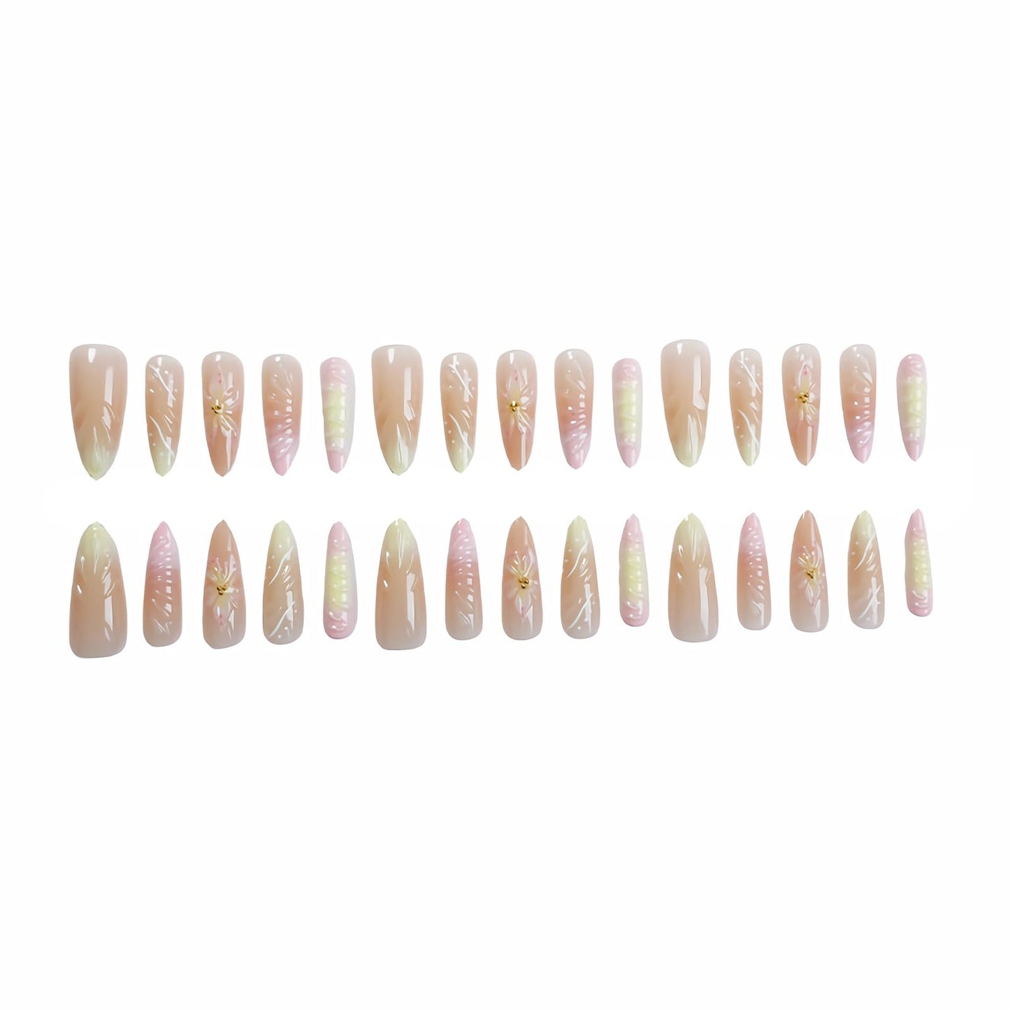 MERVF Press on Nails Long Stiletto - Ombre Pink Yellow French Tip Fake Nails Summer Acrylic 3D Flower Design Manicure Supplies Glossy 24pcs