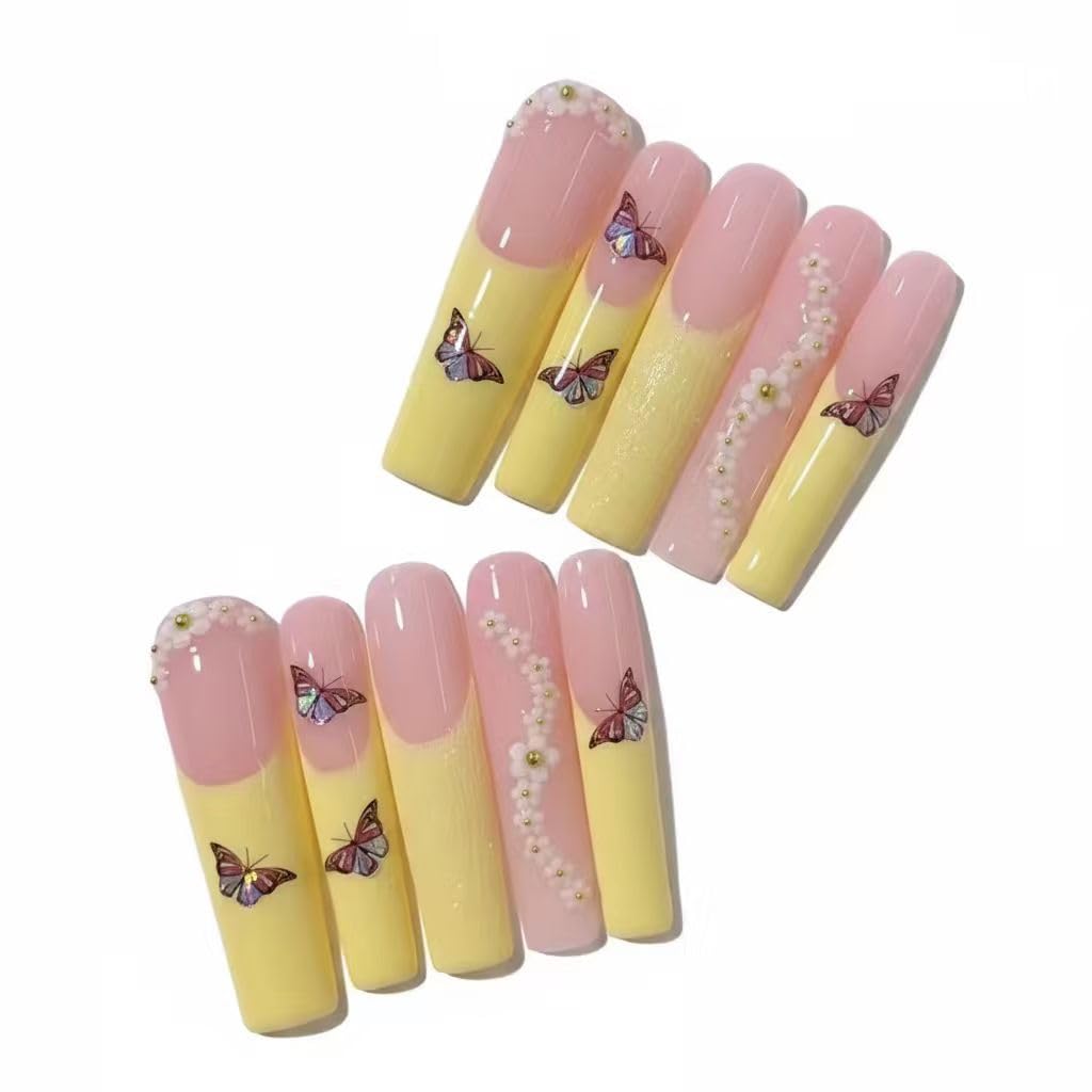 MikaJayboo Handmade Press on Nails Long Coffin Yellow French Tip Fake Nails with Butterfly & Rhinestone for Women Glue on Nails for Party Daily Manicure 10Pcs (Size M)