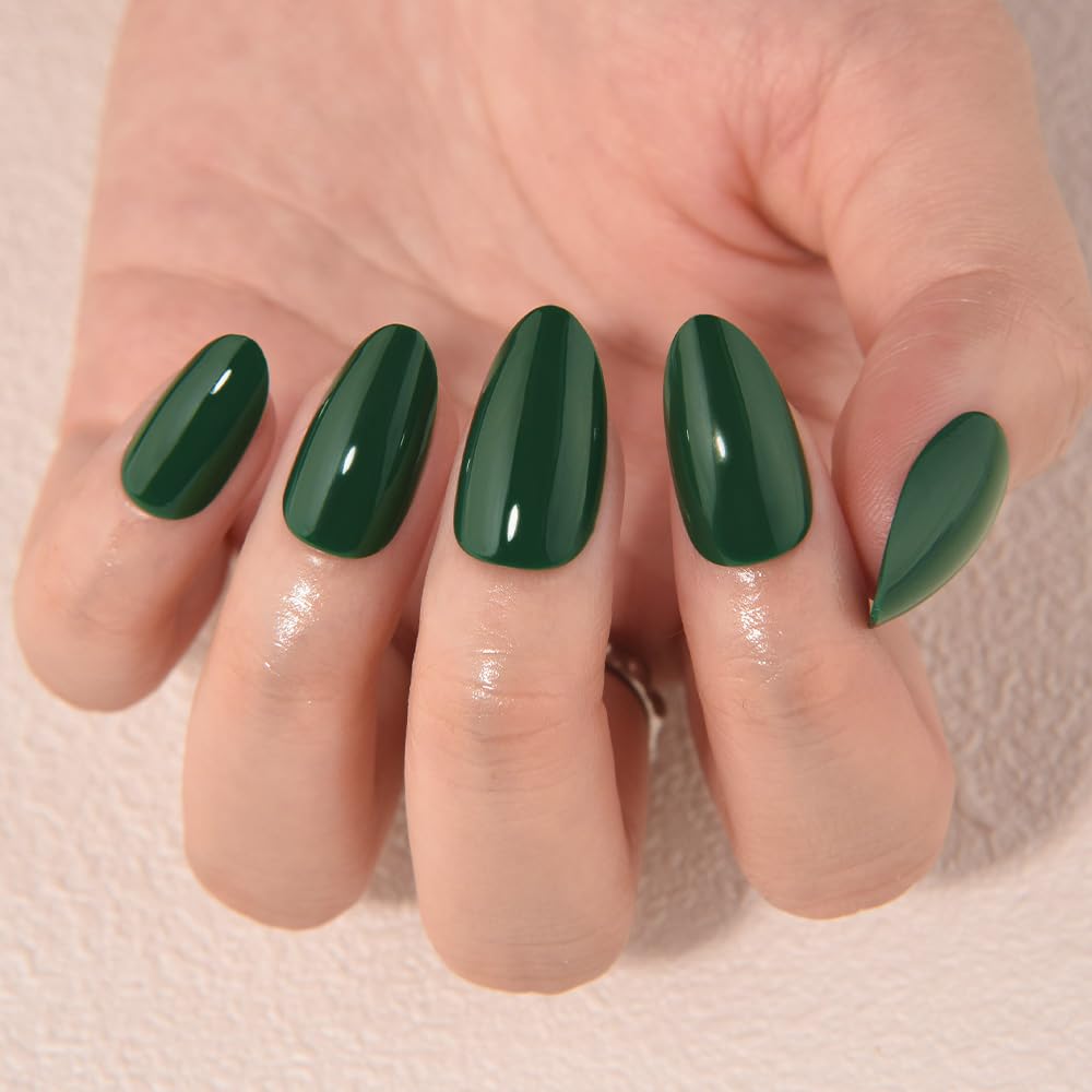evpct Green Glossy Press on Nails Short Almond, Glossy Green Fake Nails False Nail Pure Color with Kit, Salon Quality Soft Gel Stick on Acrylic False Soft Nails Reusable Full Cover for Women Manicure