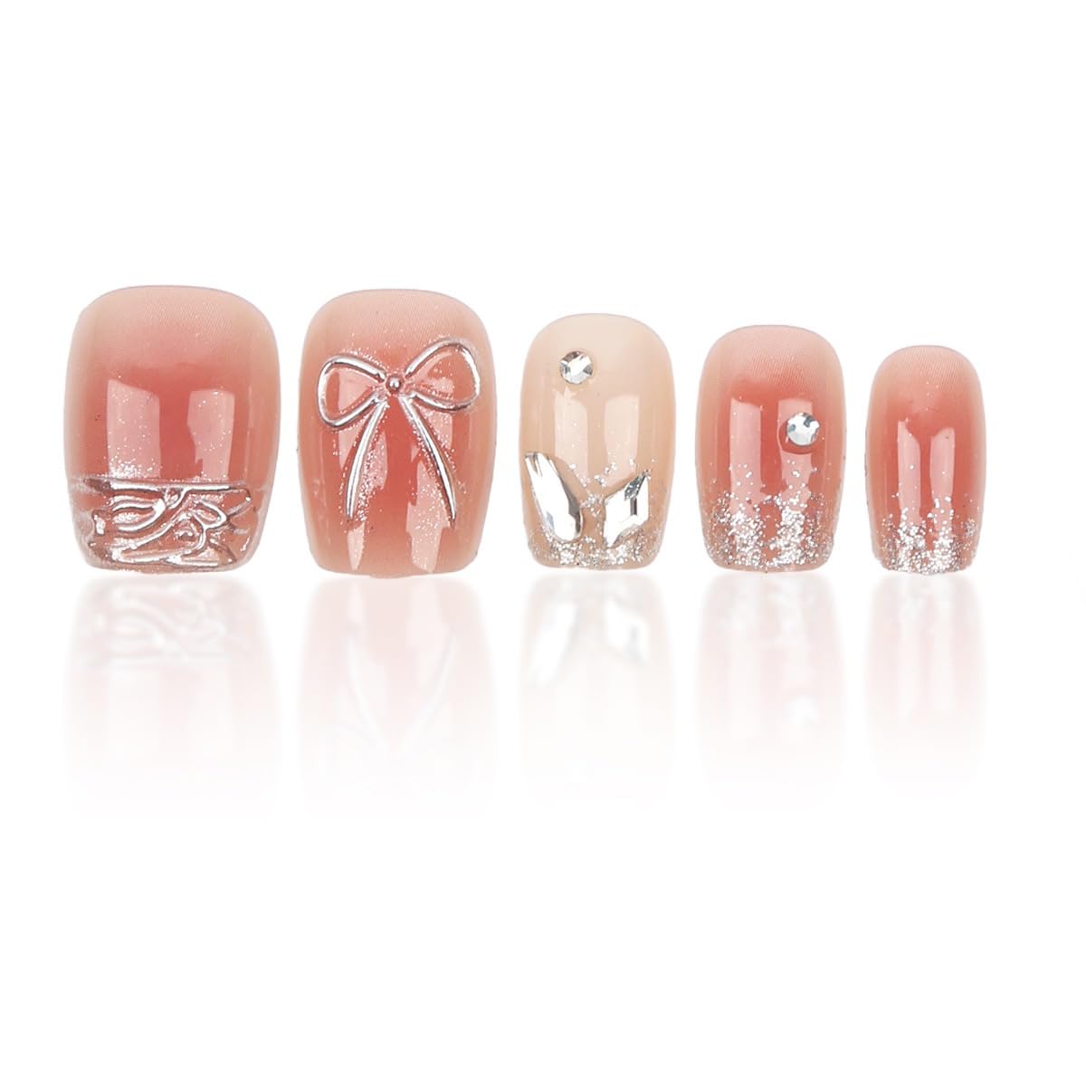 CTTHNBD Press on Nails Short - Square Fake Nails with Silver Bow Design - Glitter, Nude False Nails Press ons - for Women 24 Pcs