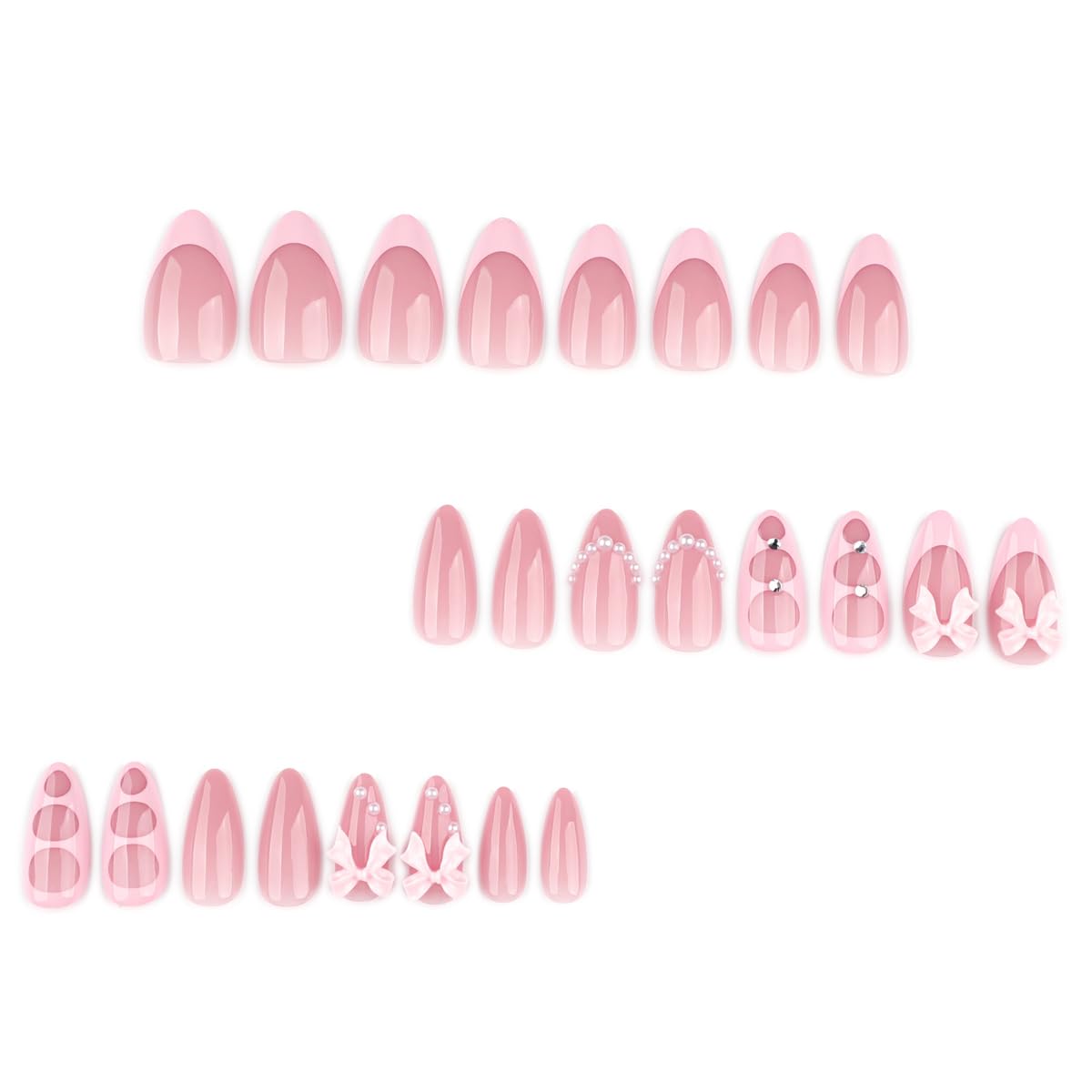 Press on Nails - Pink French Tip with 3D Bow & Pearls, Medium Almond Glossy Fake Nails, Full Cover Manicure Kit for Women, 24PCS Glue-on