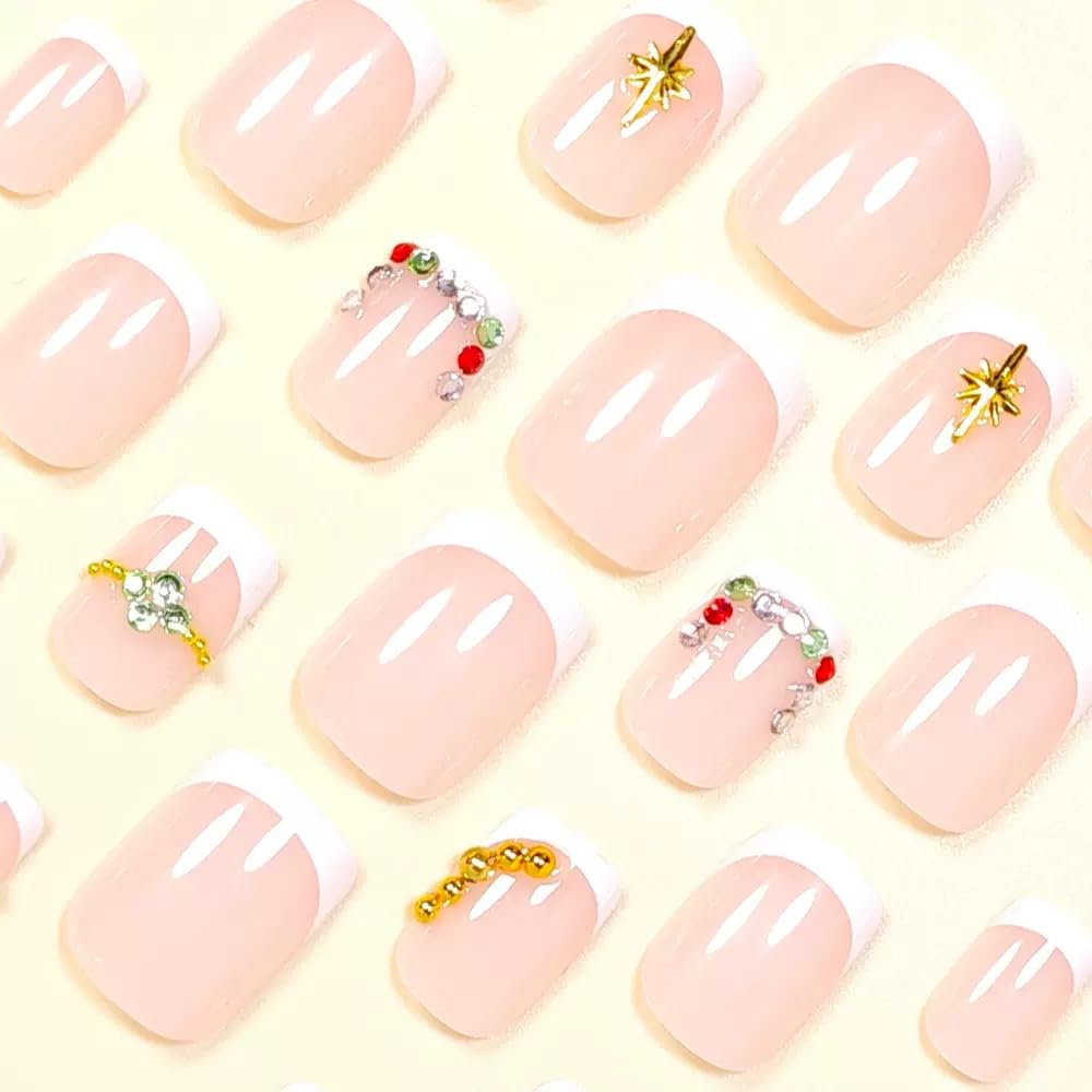 CTTHNBD Square Press on Nails Short - White French Tip Fake Nails with Starburst Design - Rhinestone Full Cover False Nails for Women 24 Pcx