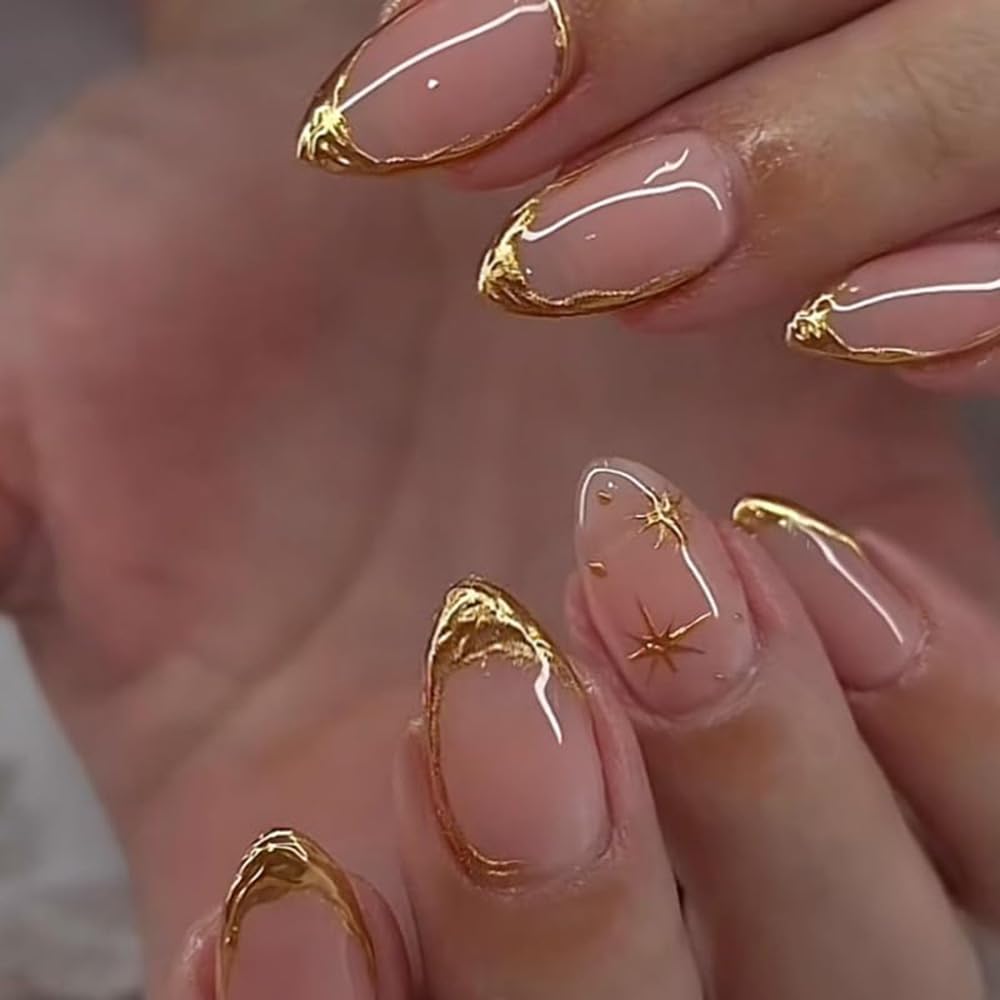 evpct Short Almond Press on Nails with French Tip & 3D Gold Line Star Design, Glossy Full Cover Acrylic False Nails with Glue, Reusable Stick - Glue on Fake Nails for Women- Fall Nail Art Gift