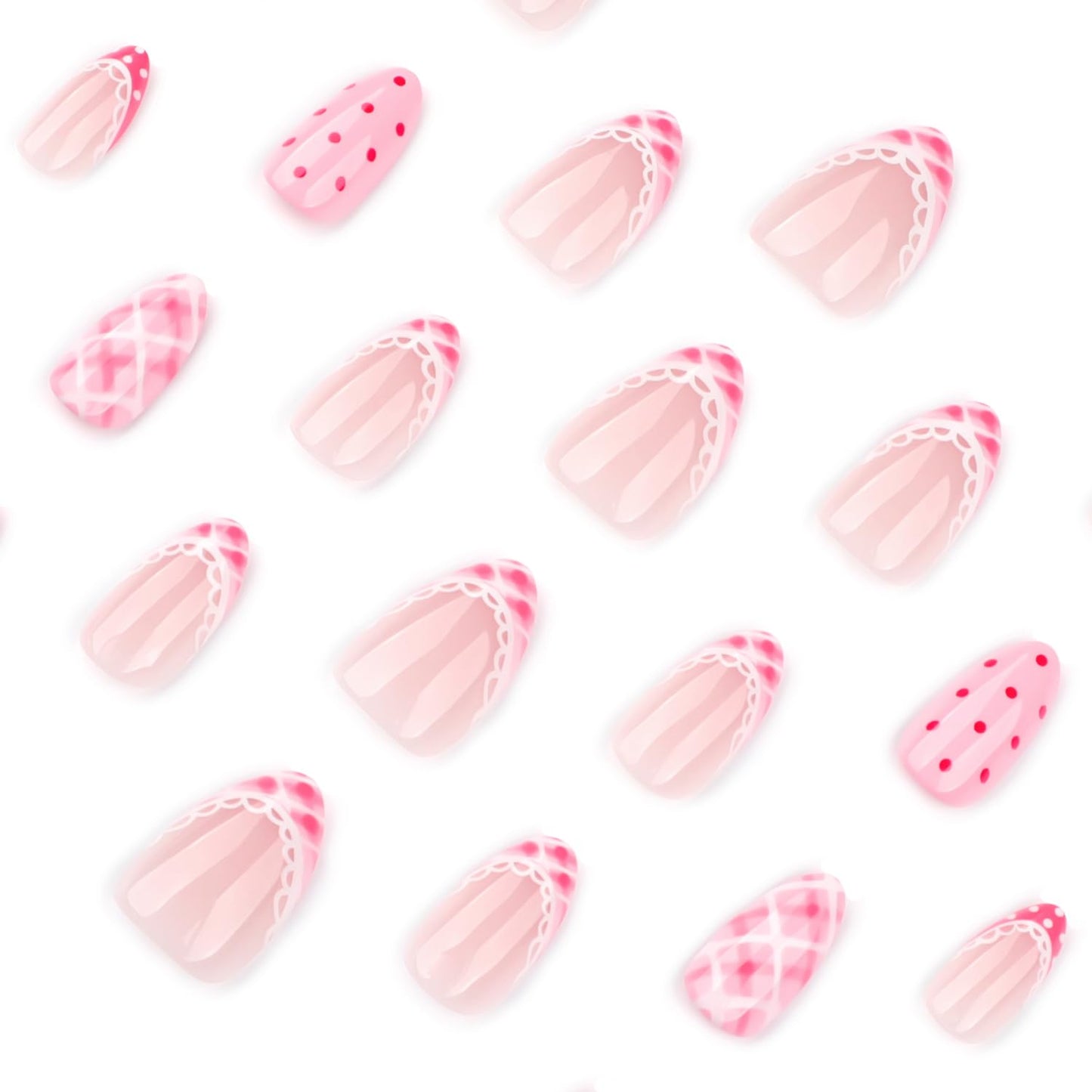 Mivota Short Almond Press On Nails Pink Acrylic Fake Nails French Tip with Gingham Plaid, Polka Dot Design, Glossy Cute Stick On Nails for Women Girls Daily Wear Date Party Manicure 24PCS